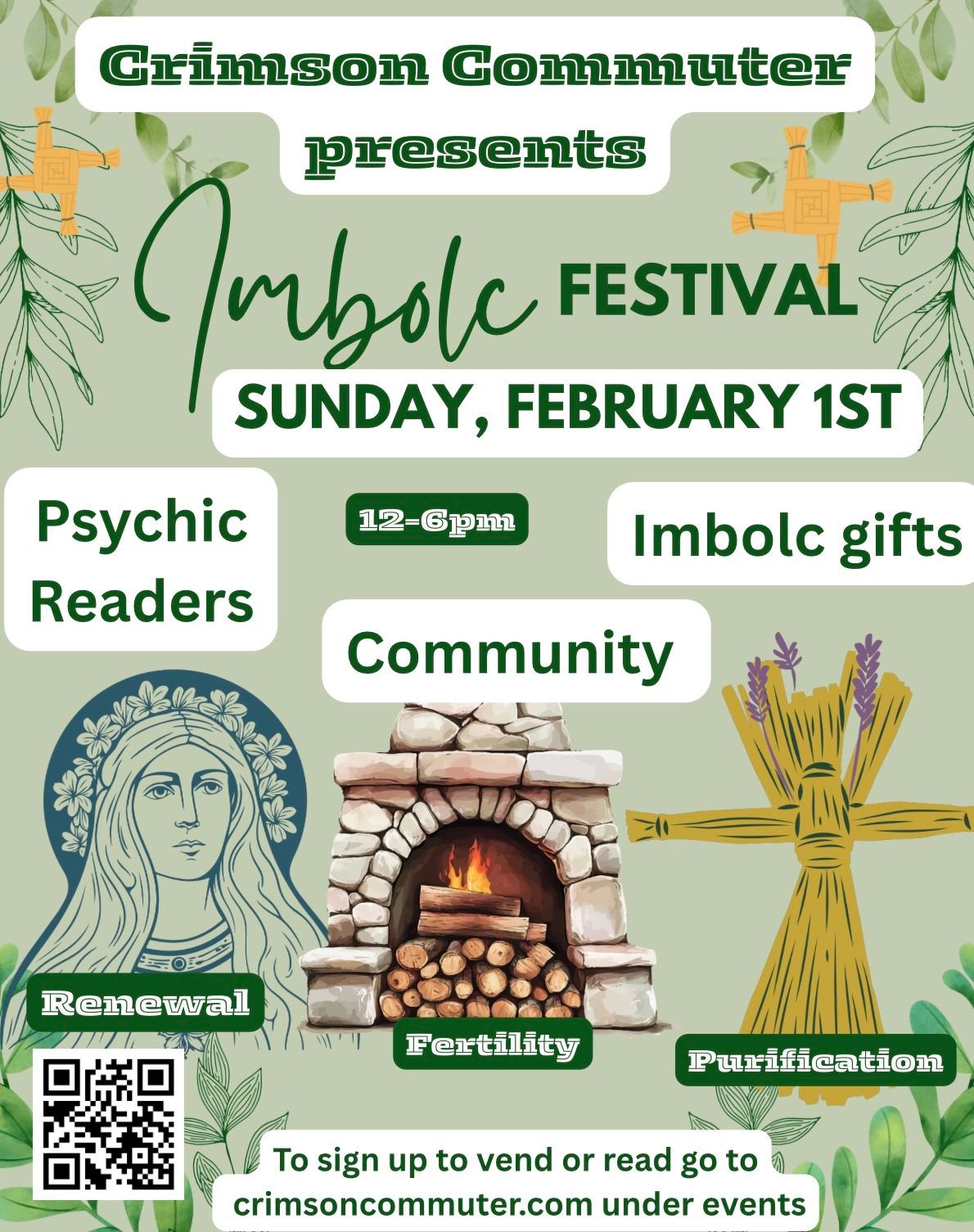 Help us celebrate everyday closer to spring and the returning to longer days! We have a large selection of items to celebrate Inbolc and all your metaphysical needs. See you at Crimson Commuter Sunday February 1st 12-6pm