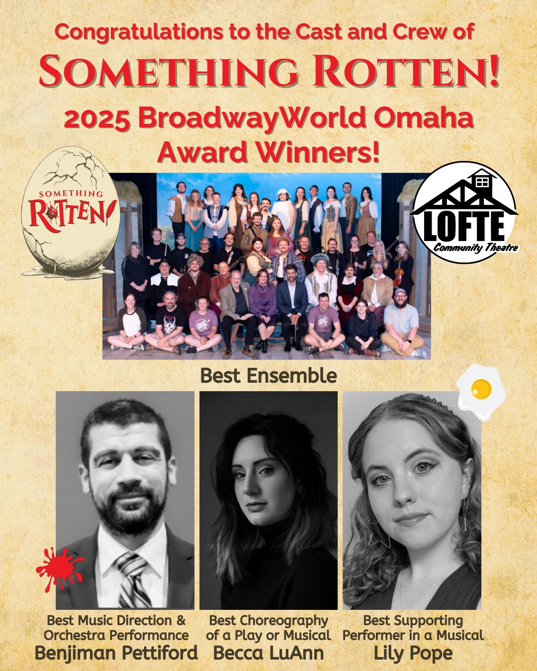 We'd like to take a moment to recognize the members of our cast and crew who were chosen as the winners of the 2025 BroadwayWorld Omaha Awards! Congratulations!
🍅Becca LuAnn for Best Choreography of a Play or Musical
🍅Benjiman Pettiford for Best Music Direction & Orchestra Performance
🍅Lily Pope for Best Supporting Performer in a Musical for her portrayal of Portia
🍅 and all of the performers for being awarded Best Ensemble!
We'd also like to give a shout out to the other shows and theatres in the area who were nominated, and an extra shout out to fellow winners, Bellevue Little Theatre, Lincoln Community Playhouse, and Nebraska Communities Playhouse!
Congratulations aga#hardtobethebard https://www.broadwayworld.com/omaha/article/Winners-Announced-For-The-2025-BroadwayWorld-Omaha-Awards-20260116
.
.
.
.
.
#Lofte #TheLofte #BornInABarn #LofteTheater #CommunityTheater #CommunityTheatre #Volunteer #Nebraska #CassCounty #Lincoln #Omaha #WeepingWater #Manley #theatre #theater #live #livetheater #livetheatre #comedy #SomethingRotten #Musical #itsamusical #WelcomeToTheRenaissance #IHateShakespeare #HardToBeTheBard