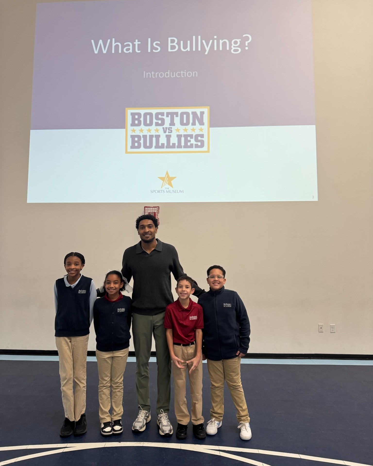 Thank you to Stephen Basden from @bostonvsbullies for visiting Bellesini Academy today and engaging our students in a powerful conversation about preventing bullying in our schools and community. The Boston vs. Bullies interactive anti-bullying program features athletes from all of Boston’s professional sports teams who stand up, speak out, and inspire students to do the same. Learn more about their impactful work here: https://bostonvsbullies.org.