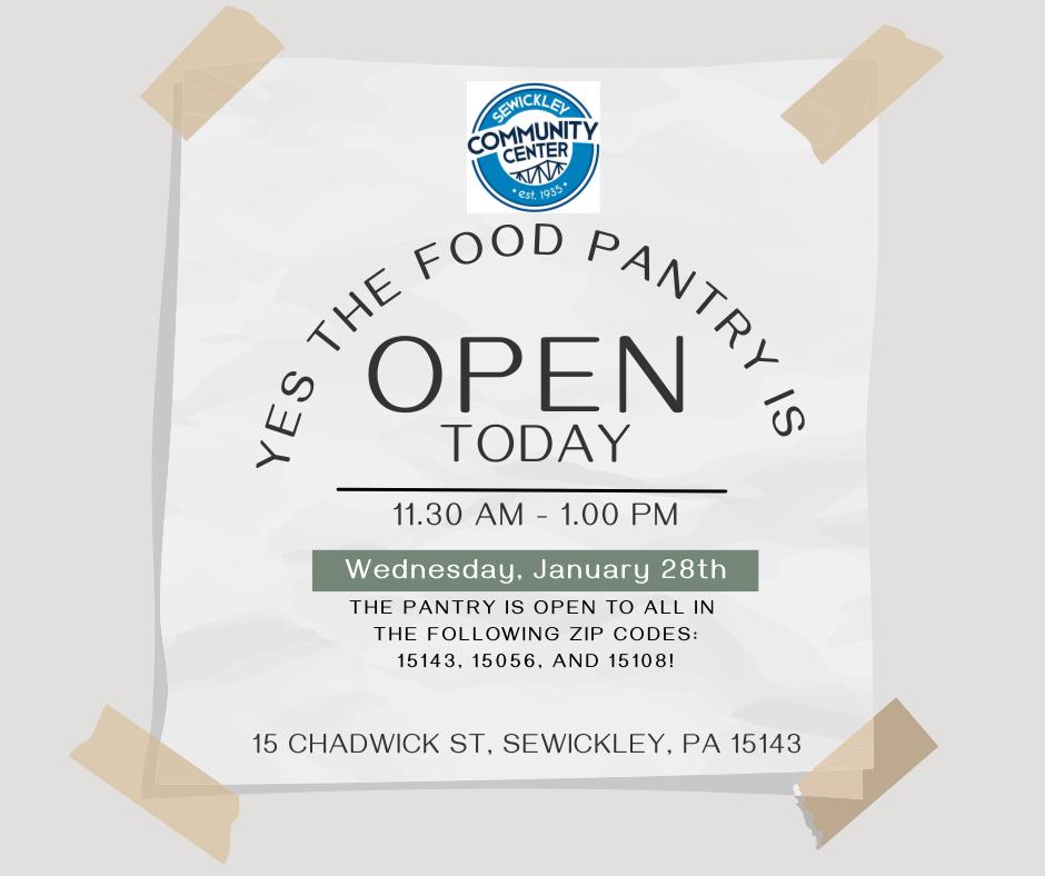 For the 2026 Open Food Pantry Calendar Dates, see our website: https://www.sewickleycommunitycenter.com/services-overview/food-pantry
#sewickleycommunitycenter