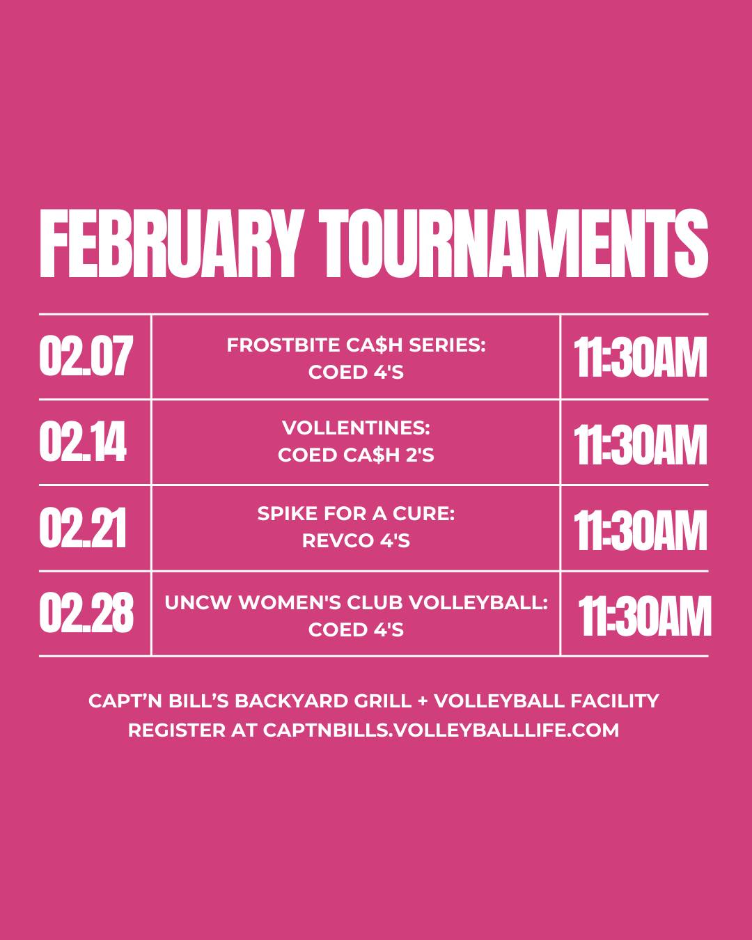 Roses are red, violets are blue, there’s love in the air, and volleyball, too. 🏐❤️
𝙁𝙀𝘽𝙍𝙐𝘼𝙍𝙔 𝙏𝙊𝙐𝙍𝙉𝘼𝙈𝙀𝙉𝙏𝙎
02.07 | Frostbite CA$H Series: Coed 4's | 11:30am
02.14 | Vollentine's: Coed Cash 2's | 11:30am
02.21 | Spike for a Cure: Reverse Coed 4's | 11:30am
02.28 | UNCW Club Volleyball: Coed 4's | 11:30am
Register link is in our bio!
#SeeYouAtBills #WeekendTournament #BeachVolleyball #Volleyball
