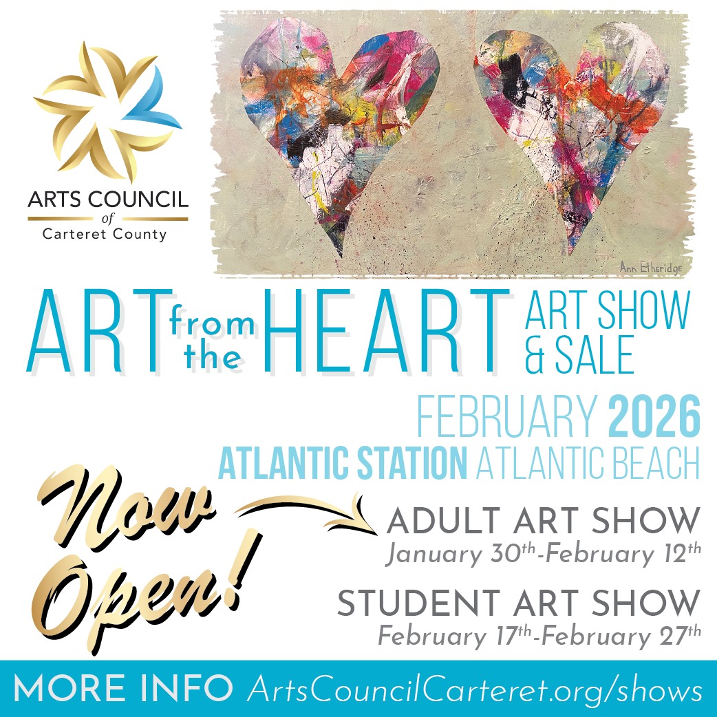 Our 36th Annual ART FROM THE HEART Show is here!! ❤️🎨 Be sure to make plans to come out to Atlantic Station in Atlantic Beach to view this spectacular show throughout the month of February.
There is so much talent to view - don't miss it!
*Who: Opening Reception - Open to the public!
*What: 36th Annual Art from the Heart Show
*When: January 30 - February 27
*Where: 1010 W Fort Macon Rd. Atlantic Station (near Food Lion) in Atlantic Beach
*More Info: ArtsCouncilCarteret.org/afth26
#artscouncilcarteretcounty #artfromtheheart #artshow #carteretcountyarts #artaroundtown #artexhibit #artshowcase #inspireyourheartwithartday