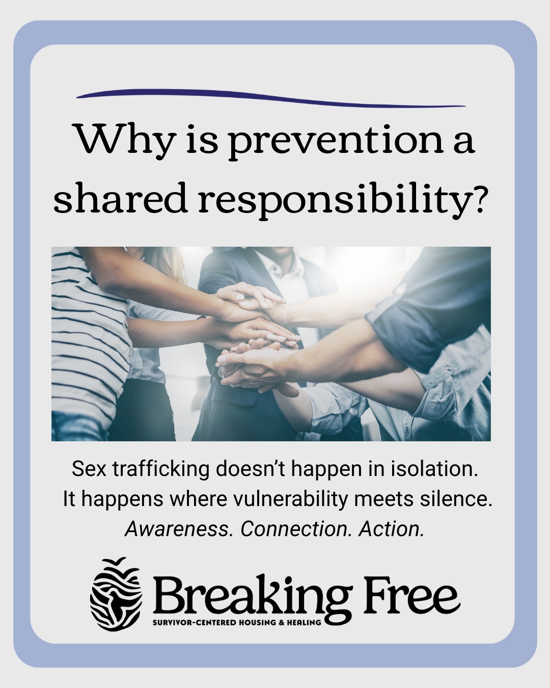 Prevention doesn’t rest on one person or one organization.
Sex trafficking doesn’t happen somewhere else. It happens in communities like ours. Prevention works best when neighbors, families, schools, and workplaces are informed, connected, and willing to respond with care.
Awareness helps us notice when something doesn’t feel right. Compassion helps us respond without judgment. Connection helps people access support before harm escalates.
Prevention is a shared responsibility, because this is your community.
#BreakingFreeMN #HumanTraffickingPrevention
#CommunityCare #SharedResponsibility
#PreventionMatters #SurvivorCentered
#EndSexTrafficking #MinnesotaNonprofit