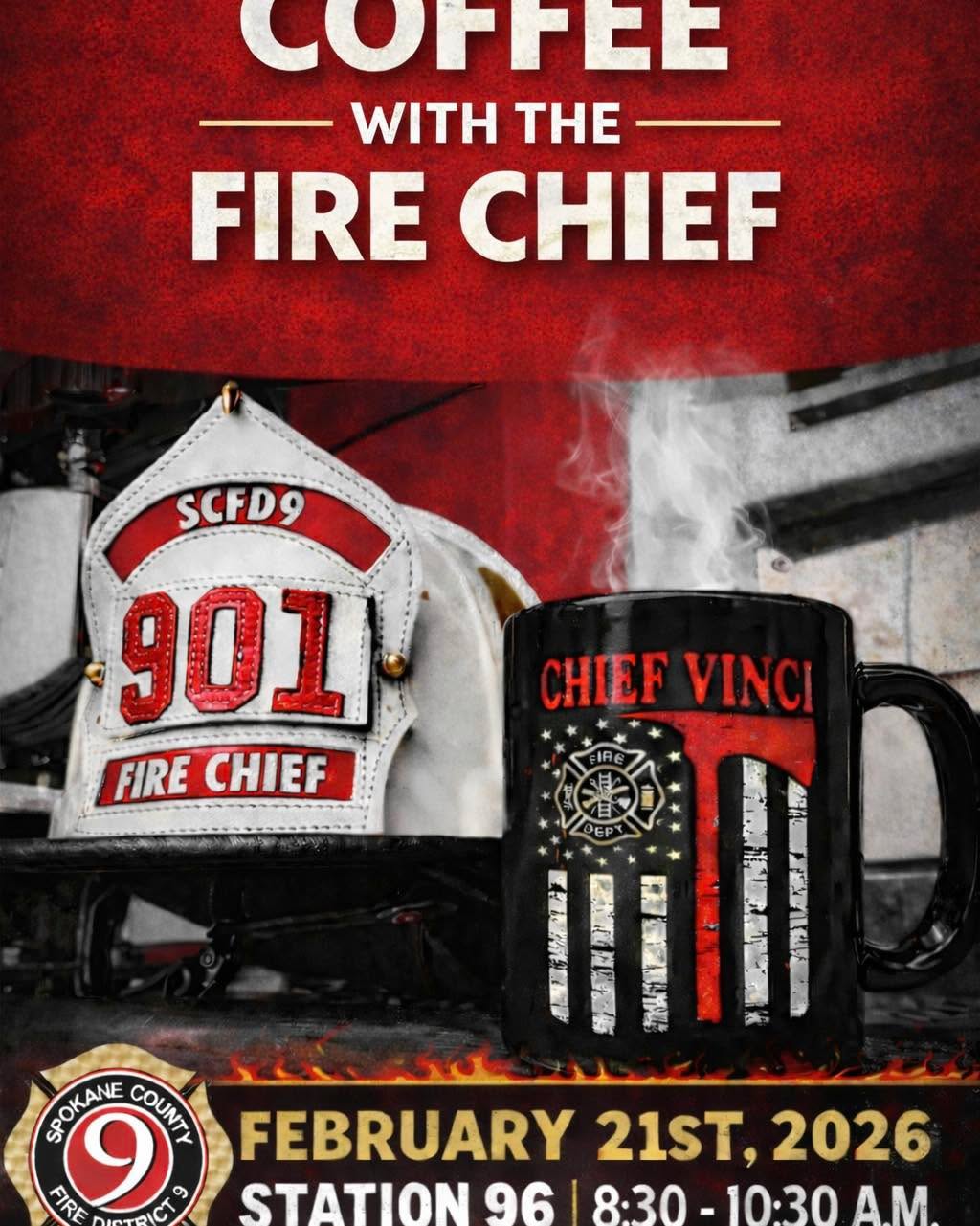☕🔥 Foothills Region Let’s Talk District 9 🚒
Big things are happening, and we want our Foothills community in the room.
We’re opening the doors at Station 96 for Coffee with the Fire Chief, a laid-back morning where you can hear what’s coming next for Spokane County Fire District 9 and where we’re headed as a district.
Growth. Service. The future of emergency response in your area.
And just as important, we want your take.
Tell us what matters most
What you want to see from us
How can we raise the bar for our community
No speeches. No pressure. Just coffee and conversation.
📍 Station 96
📅 February 21
🕣 8:30–10:30 AM
Come through, meet the Chief, and be part of shaping what’s next ☕💬🔥
#District9 #FoothillsRegion #CommunityDriven #CoffeeWithTheChief #YourFireDistrict