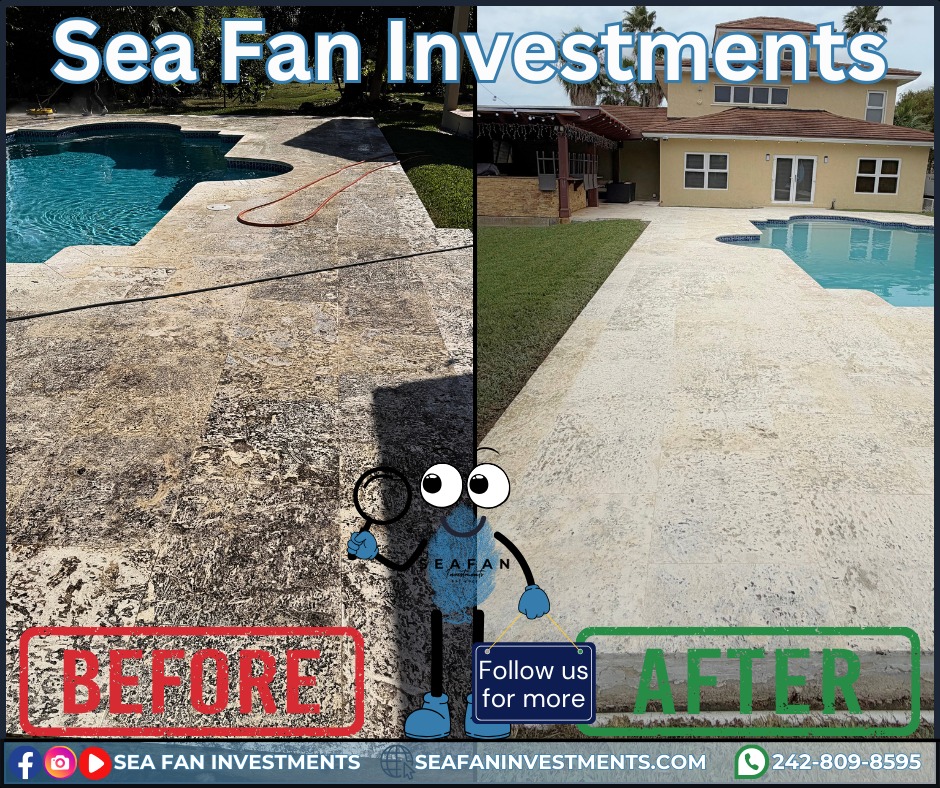 All too often we see travertine and other stone that has been permanently damaged from pressure. If you have exterior stone call Sea Fan Investments, we are your exterior cleaning professionals.
Want to learn more? Check out our blog on soft washing:
https://www.seafaninvestments.com/post/what-is-soft-washing
We don't just pressure clean! We are your soft washing professionals and provide exterior cleaning solutions! Concrete cleaning, house washing, roof cleaning,
driveways, windows, decks, docks, pool surrounds, patios, surface sealing, paver restoration, and much more.
We have cleaned homes of all sizes, multi family properties, businesses, school campuses, churches, gas stations, apartment complexes, and manufacturing facilities. Big or small, we've cleaned it all. What can we clean for you?
We are always looking for ways to help you manage and maintain your investment.
We service Freeport, Grand Bahama 🇧🇸🇧🇸🇧🇸 and cater to all your property management needs.
Visit our website https://www.seafaninvestments.com/
Check us out on Google https://maps.app.goo.gl/FtLupz7nk7yhbf917
Follow us on Facebook https://www.facebook.com/SeaFanInvestments
Follow us on Instagram https://www.instagram.com/seafaninvestments/
Watch and subscribe to us on YouTube
https://www.youtube.com/channel/UCNAsDyoYIpteVf6pDe5iCQw
#pressurewashing #softwashing #roofcleaning #housewash #deckcleaning #DockCleaning #seafaninvestments #guttercleaning #drivewaycleaning #concretecleaning #soffitcleaning #sealing #stuccocleaning #poolsurroundcleaning #brickcleaning #stonecleaning #commercialroofcleaning #paversealing #dumpstercleaning #woodcleaning #oilremoval #oxidizationremoval #rusttreatment #graffitiremoval #windowcleaning #commercialcleaning #parkinglotcleaning #patiocleaning #pressurewashinggrandbahama #pressurecleaningfreeportbahamas