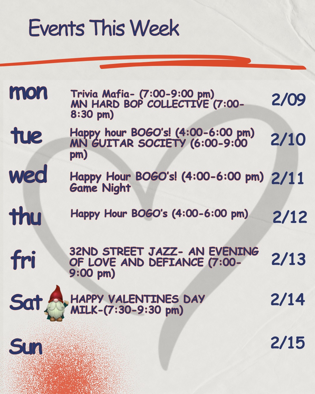 Well what a week it has been.
We cannot thank everyone enough for participating in our GoFundMe campaign. Because of your generosity, we raised $26,140 which will allow us to keep making beer, canning beer, and bridging us to March. THANK YOU!!
Here are some highlights for this week. Have a great Valentines Day!
@mnhbc501c @milkktheband @32ndstjazz Minnesota Guitar Society