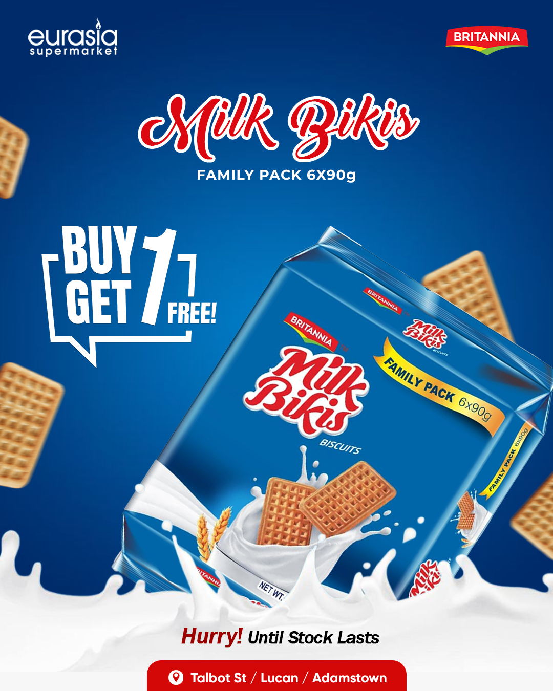 ?? Your favorite Britannia Milk Bikis Family Pack is now on an irresistible deal! ?
.
? BUY 1 GET 1 FREE ?
.
Perfect for tea breaks, school snacks, midnight cravings, and sharing with the whole family.
.
⏳ Hurry! Offer valid until stocks last.
? Available at Eurasia Supermarket — Talbot St, Lucan & Adamstown.
.
.
#BritanniaMilkBikis #Buy1Get1 #TeaTimeSnacks #FamilyPack #EurasiaSupermarket