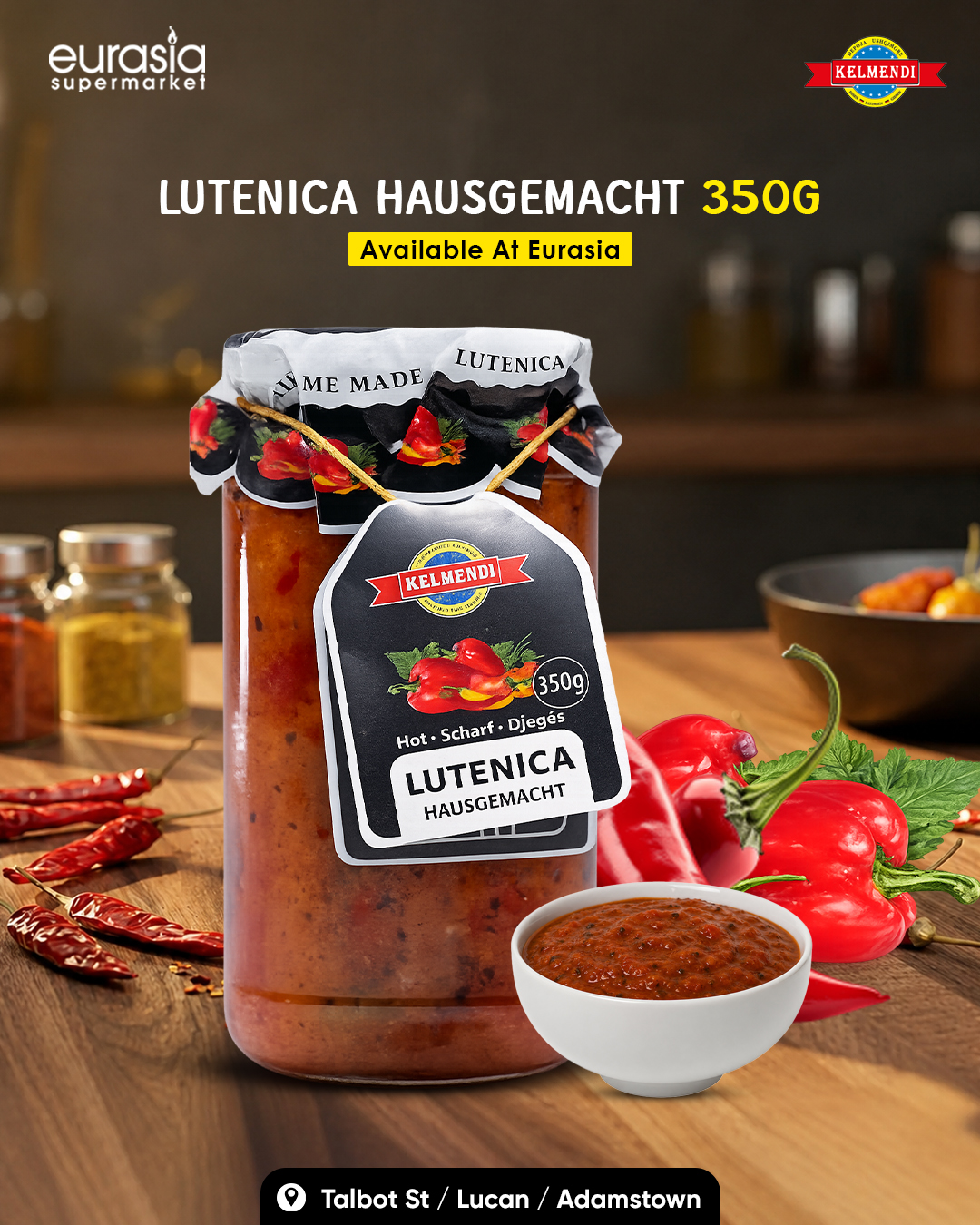 ?️ Turn up the heat and elevate every meal! ?✨
.
Kelmendi Lutenica Hausgemacht brings the perfect blend of roasted peppers, rich flavour, and a delicious spicy kick to your table. ?
.
Spread it, dip it, pair it with grilled dishes, or enjoy it as a flavour-packed side — every spoonful is bursting with homemade goodness. ❤️?️
.
? Available at Eurasia Supermarket
Talbot St | Lucan | Adamstown
.
.
#Kelmendi #SpicyFlavours #HomemadeTaste #FoodieFavorites #PantryEssentials #EurasiaSupermarket