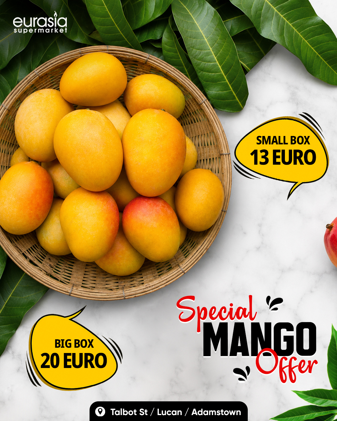 ? Mango season is too good to miss! ✨
.
Sweet, juicy, and bursting with tropical flavour — your favourite mangoes are here at prices you'll love. ?☀️
.
? Special Mango Offer
? Small Box – €13
? Big Box – €20
.
Perfect for smoothies, desserts, fruit platters, or simply enjoying straight from the box. One bite and you'll know why everyone waits for mango season! ?
.
Hurry in and grab your box before they're gone!
? Eurasia Supermarket
Talbot St | Lucan | Adamstown
.
.
#MangoSeason #FreshMangoes #SpecialOffer #EurasiaSupermarket #Dublin