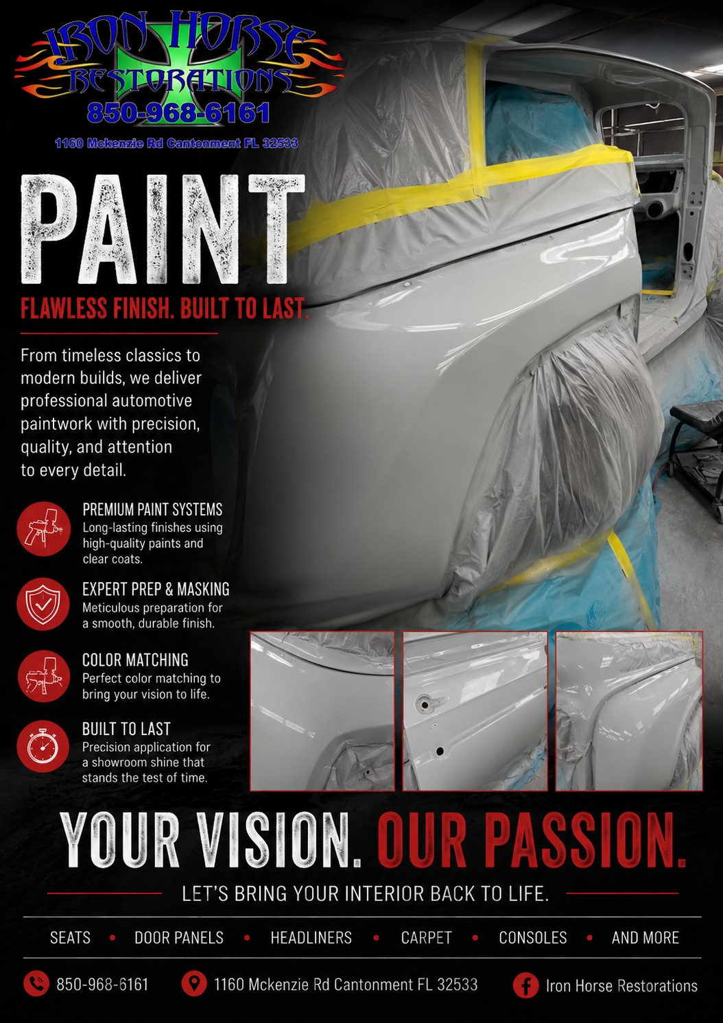 A flawless paint job doesn't happen by accident—it starts with expert preparation.
From meticulous masking and body prep to precision color matching and premium paint systems, every step matters. At Iron Horse Restorations, we're committed to delivering a finish that looks incredible today and stands the test of time.
Whether you're restoring a classic, building a custom ride, or refreshing your daily driver, we'll help bring your vision to life.
✨ Your Vision. Our Passion.
? 1160 McKenzie Rd, Cantonment, FL 32533
? (850) 968-1616
What color would you choose for your dream build? Let us know in the comments! ⬇️
#IronHorseRestorations #AutomotivePaint #ClassicCarRestoration #CustomPaint #AutoBody #ShowCarFinish #RestorationShop #CarRestoration #PaintAndBody #ClassicCars #CustomCars #FloridaCars #CarEnthusiast #DreamBuild #YourVisionOurPassion