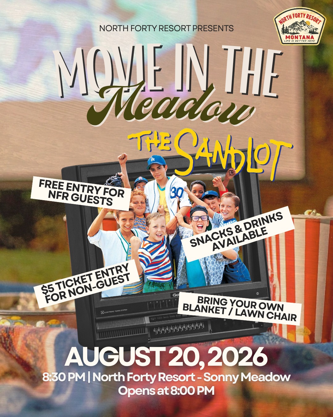 Grab your blankets, lawn chairs, and your favorite people—it's time for a movie night at our newly completed Sonny Meadow! ??
Join us for a special outdoor screening of The Sandlot, a timeless family favorite that's perfect for a summer evening under the stars. Admission is free for North Forty guests! ✨
Swipe to the next slide for all the event details, including admission, parking, snacks, and more. We can't wait to see you there! ?
?Columbia Falls, Montana
Book your stay:
? bit.ly/BookNFR
?(406) 862-7740
#NorthFortyResort #FlatheadValley #MovieNight #NatureEscape #Summer2026