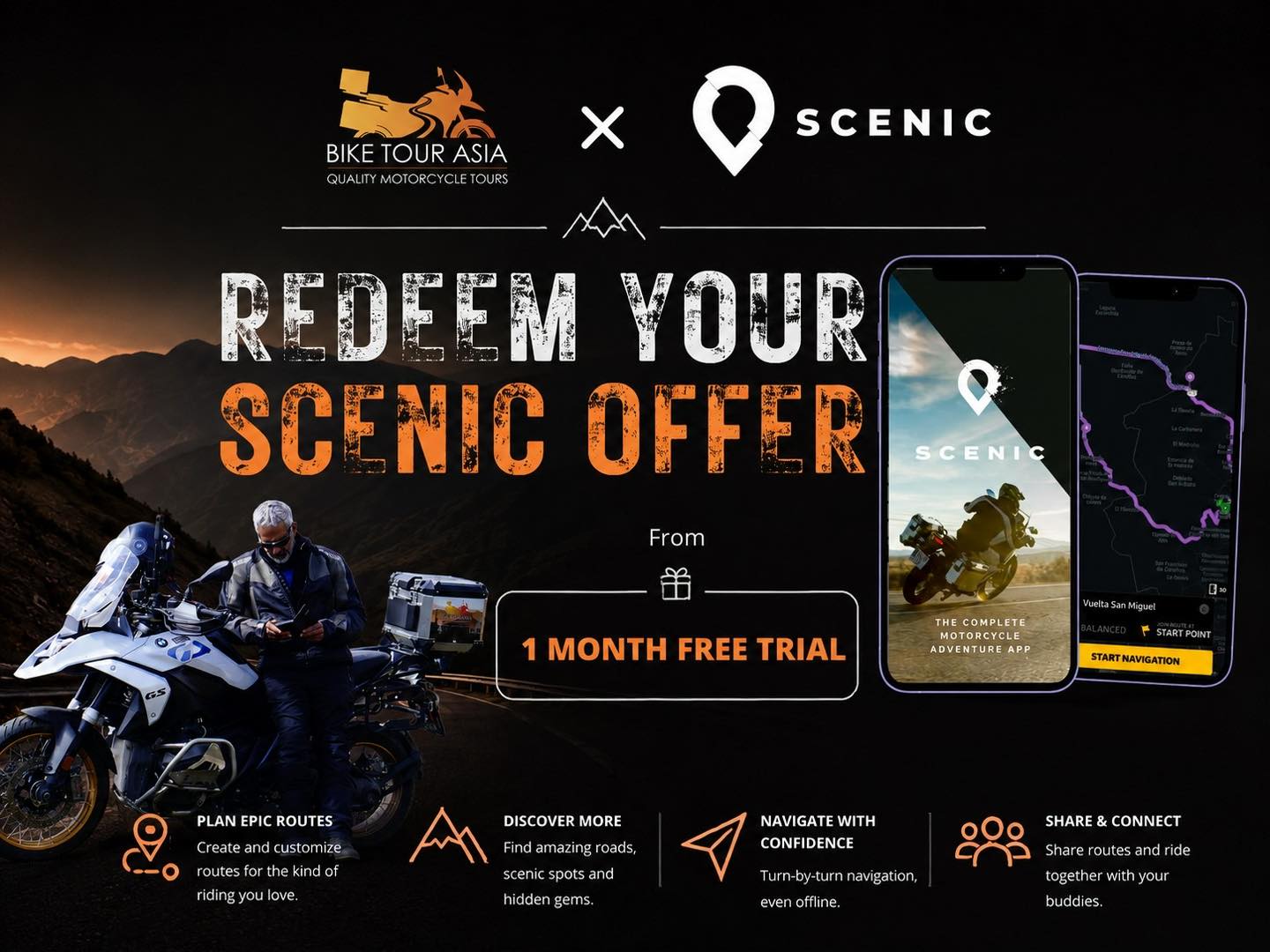 ?️ YOUR NEXT ADVENTURE STARTS WITH THE RIGHT ROUTE! ?️
We’re excited to partner with Scenic, a top-rated motorcycle navigation app!
Plan better, navigate confidently, discover great roads, and save your routes for offline use: all in one place.
? SPECIAL OFFER FOR BIKE TOUR ASIA RIDERS!
Enjoy an exclusive 1-MONTH FREE TRIAL of Scenic Premium through our special Bike Tour Asia link.
Plan better. Ride further. Explore more.
? Start your 1-month free trial today!
https://rb.gy/f6t6m6
#BikeTourAsia #ScenicMotorcycleNavigation
#QualityMotorcycleTours #WeMakeYouRide