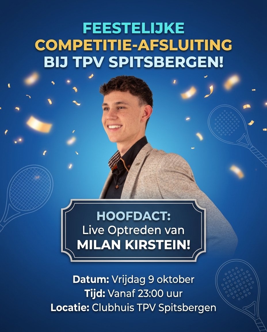 *** Feestelijke afsluiter najaarscompetitie 2026 ***
Aankomend weekend staat de laatste speelronde van de najaarscompetitie 2026 op het programma. Met veel teams die nog in de race zijn voor de titel belooft dit een spannend weekend te worden voor Spits!
Omdat de meeste teams op vrijdag spelen en dit ook altijd hele gezellige avonden oplevert is er, na het succes van vorig jaar, ook dit jaar gekozen voor de vrijdag als de dag voor de gezellige afsluiter. Als de laatste wedstrijden klaar zijn (en de kampioenen hopelijk gehuldigd) komt niemand minder dan @milankirstein de avond muzikaal afsluiten met een aantal krakers! ??
Dus:
Speel je vrijdag thuis? Blijf wat langer hangen!
Speel je vrijdag uit? Doe één drankje met de tegenstanders en zeg dat je gauw terug moet naar Spits!
Speel je op een andere dag? Kom gezellig naar het clubhuis maar zorg dat je een beetje fit bent voor de wedstrijddag!
Speel je helemaal geen competitie? Ook dan ben je natuurlijk van harte welkom!