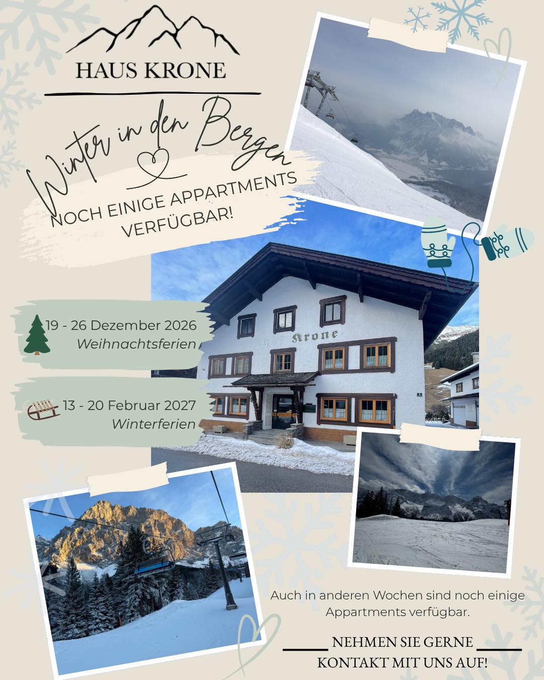 ??WINTERURLAUB IN DER TIROLER ZUGSPITZ ARENA ?️
Du bist noch auf der Suche nach einem schönen Ort für deinen Winterurlaub in den Bergen? Im Haus Krone sind für die kommende Wintersaison noch einige Appartments verfügbar.
? 19. – 26. Dezember 2026
Genieße die weihnachtliche Atmosphäre und die ersten Wintertage in den Bergen.
⛷️ 13. – 20. Februar 2027
Eine herrliche Woche mitten in der Wintersaison – ideal für einen Urlaub im Schnee.
Auch in anderen Wochen sind noch einige Appartments verfügbar.
?️ Schnee, Berge, Ruhe und zahlreiche Möglichkeiten für einen wunderschönen Winterurlaub in der Tiroler Zugspitz Arena.
Interesse oder neugierig auf die Verfügbarkeit? Nehmen Sie gerne Kontakt mit uns auf!
? Wir informieren Sie gerne über die Möglichkeiten im Haus Krone.
?? WINTERVAKANTIE IN DE TIROLER ZUGSPITZ ARENA
Ben je nog op zoek naar een fijne plek voor een wintervakantie in de bergen? Bij Haus Krone zijn voor het komende winterseizoen nog enkele appartementen beschikbaar.
? 19 – 26 december 2026
Geniet van de kerstsfeer en de eerste winterdagen in de bergen.
⛷️ 13 – 20 februari 2027
Een heerlijke week midden in het winterseizoen, ideaal voor een vakantie in de sneeuw.
Daarnaast zijn er ook in andere weken nog enkele appartementen beschikbaar.
?️ Sneeuw, bergen, rust en volop mogelijkheden voor een heerlijke wintervakantie in de Tiroler Zugspitz Arena.
Interesse of benieuwd naar de beschikbaarheid? Neem gerust contact met ons op!
? Wij informeren je graag over de mogelijkheden bij Haus Krone.
#tirolerzugspitzarena #vakantieoostenrijk #urlaubinösterreich #vakantieappartement #hauskrone #gemeindebichlbach #lähn #ferienappartement #alpen #tirol #visittirol #winter #wintersport #winterwalks #snow #snowboarder #skien