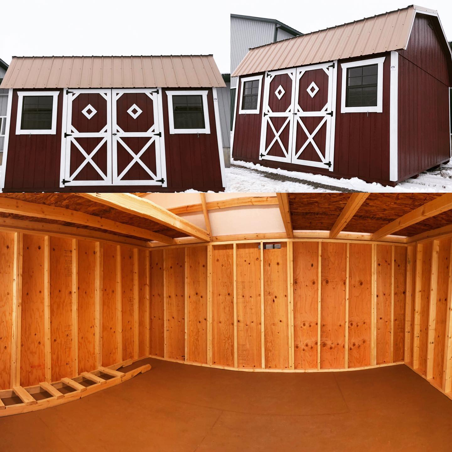 Cozy little shed on a winter day 😊. When it comes to your storage shed, why not purchase the best? - You deserve it! #sheshed #minibarn #portable #garage #gardenshed #mancave #barn #barndoor #backyard #kalona