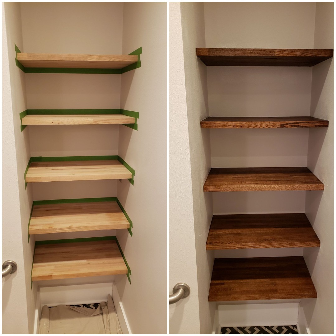 Stained and sealed some Oak Shelves in an Ames Office building.