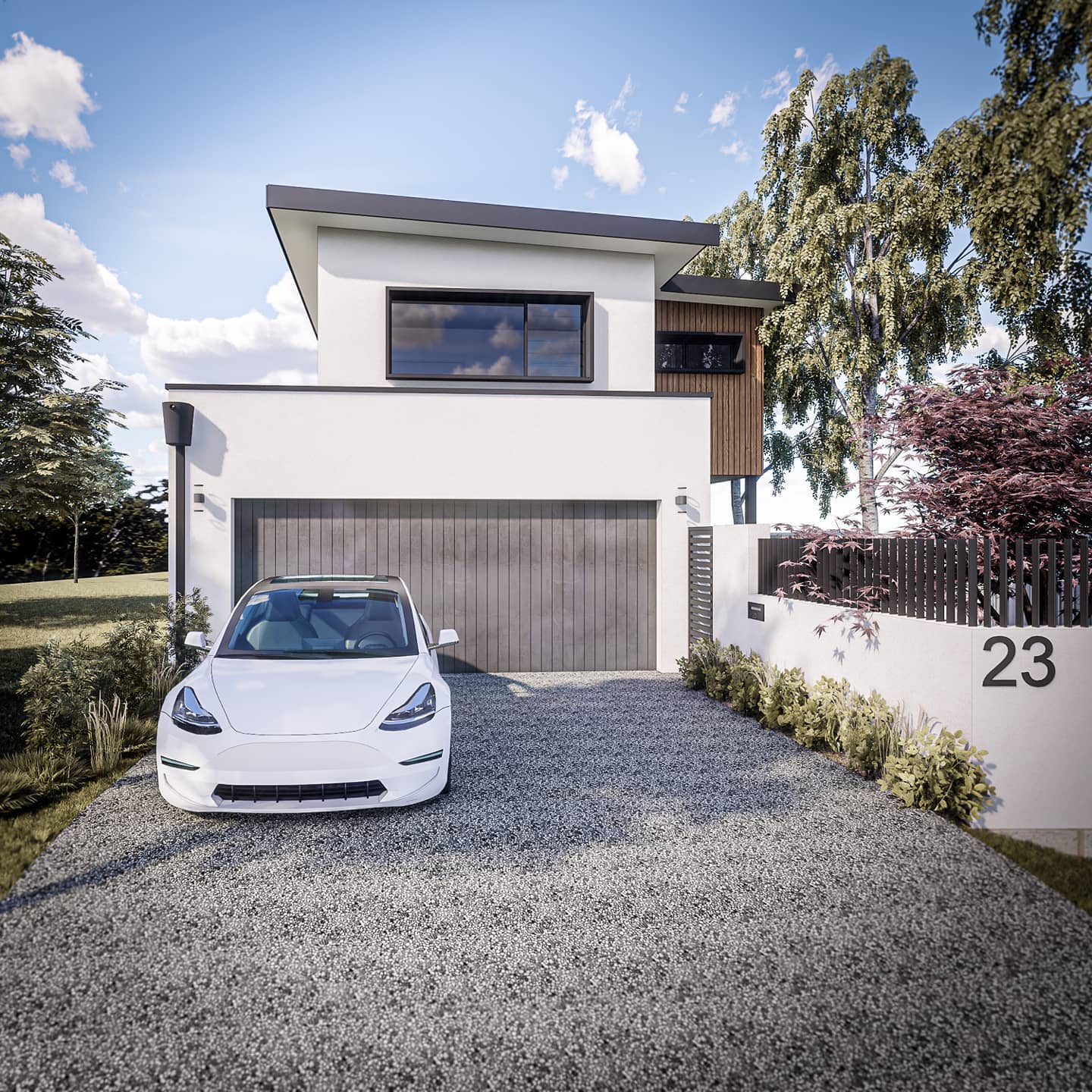 Narrow block fun, 10m frontage with 70m2 of garage, connected Living-Alfresco-Cabana, and very clean materials.