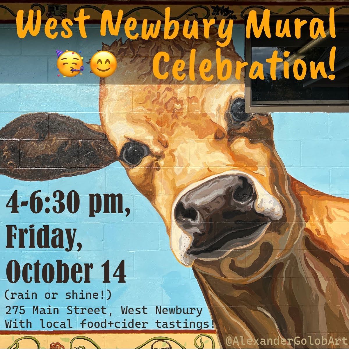 This Friday! It’s gonna be a good time 😃 We’re going to be celebrating the new mural I created in West Newbury at a reception from 4-6:30 this Friday, October 14. We’ll be out rain 🌧 or shine ☀️. Oh, and did I mention that there will be local food and drink tastings?? 👀👀 See you there! ☺️😊
.
.
.
#publicart #mural #westnewbury #essexcountycreates #animalart #farmart #cowart