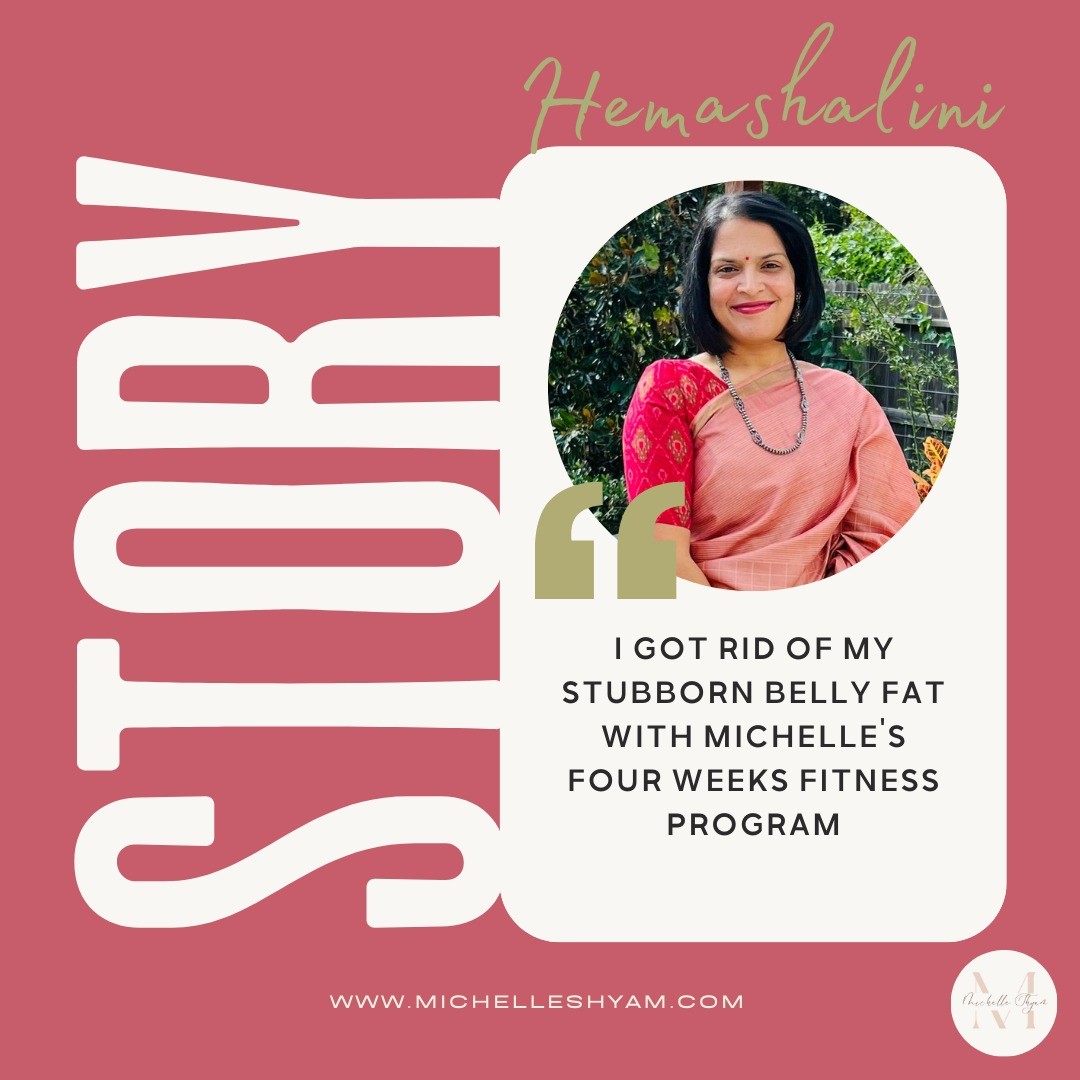 Hemshalini has this to say about her transformation on one of my Fitness programs. "4 weeks ago I signed up for one of Michelle’s Fitness programs “The Toning & Body Re-composition”. It all started with me wanting to get back on track as I felt my age was catching up and between taking care of the kids and work, my routine was a mess. You can name it and we all have an excuse. I needed some motivation and someone whom I could trust to get my act together. Michelle Shyam was the magic. I truly loved her program but what made me continue was her commitment. I knew Michelle from college days (she was my senior at Anna University) and although I was scared of her then, I never knew I would become such a huge fan. She has helped motivate me, right from sharing saree videos to make me look chic, to telling me the right words to stop me from having that glorious glass of wine, I truly have become a believer of what she does and what she helps others do. For women it’s not easy to get back on track with our health and weight loss goals as we get old but trust me it is possible with the right guidance, discipline and motivation - those are all Michelle’s strengths! Although I was at my healthy weight, I wanted to lose fat around my back and belly. The 4 weeks “Toning & Body Re-composition” program helped me achieve that and much more, that even my husband signed up for Michelle’s 6 weeks weight loss program."
#weightloss #transformation #toning #bellyfat #lowcarb #fitness #michelleshyam Visit www.michelleshyam.com/packages