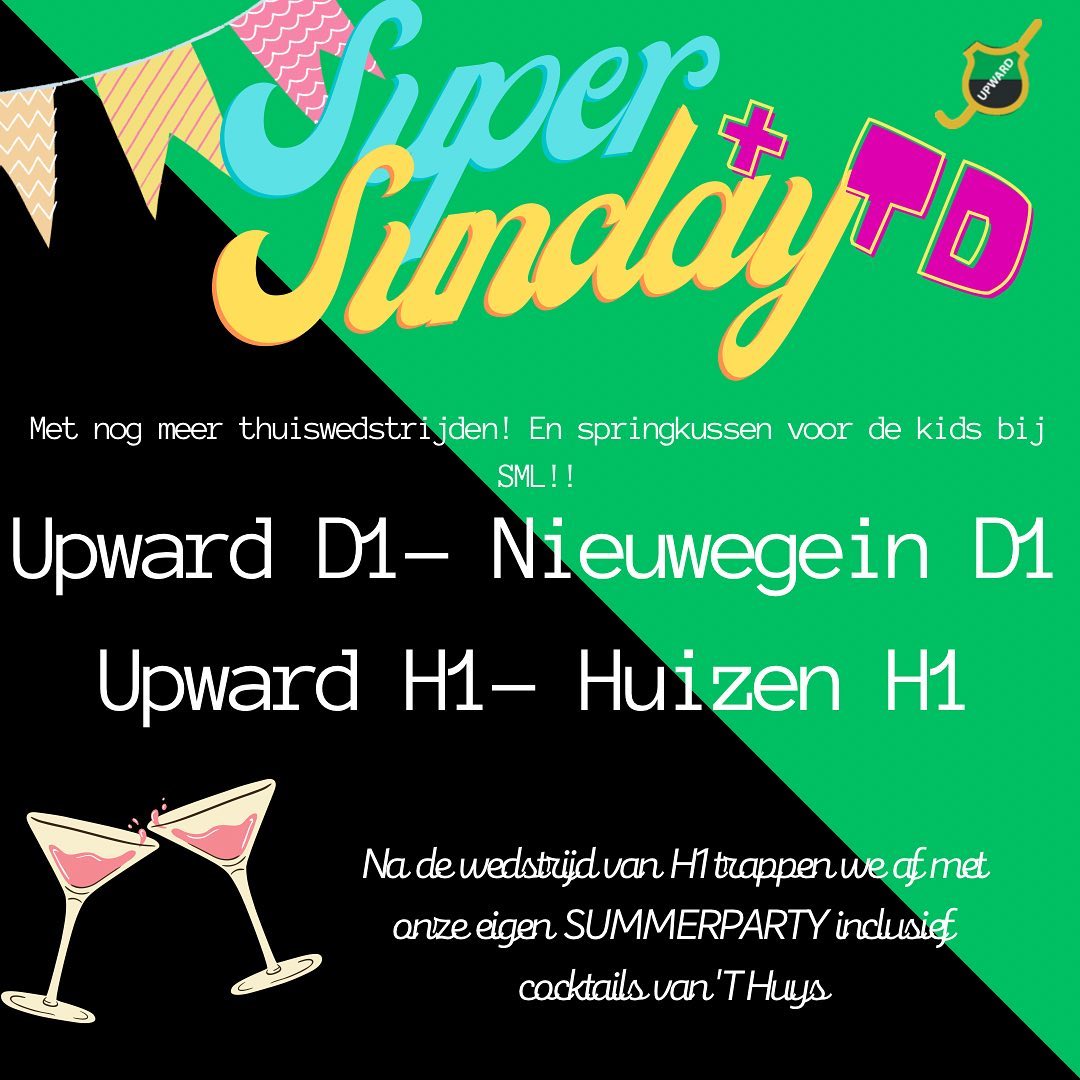 ⭐️ 14 mei SUPER SUNDAY + TD ⭐️
Aanstaande zondag is het zo ver, de laatste thuiswedstrijd van D1 & H1! Het belooft een mooie dag te worden op de Bakenberg. Bij onze buren (SML) staat een springkussen voor de jeugd terwijl de ouders kunnen genieten van een aantal mooie potjes hockey bij ons.
Kom gezellig langs en schreeuw onze teams naar de overwinning! Want niet alleen deze twee teams spelen thuis.. nog veel meer!
Een mooie dag vol hockey en met als afsluiter een TD incl. De lekkerste drankjes van ‘T Huys?.
Gooi onder het genot van zomerse drankjes je voetjes van de vloer op de zomerse deuntjes☀️??
Zien wij je zondag??