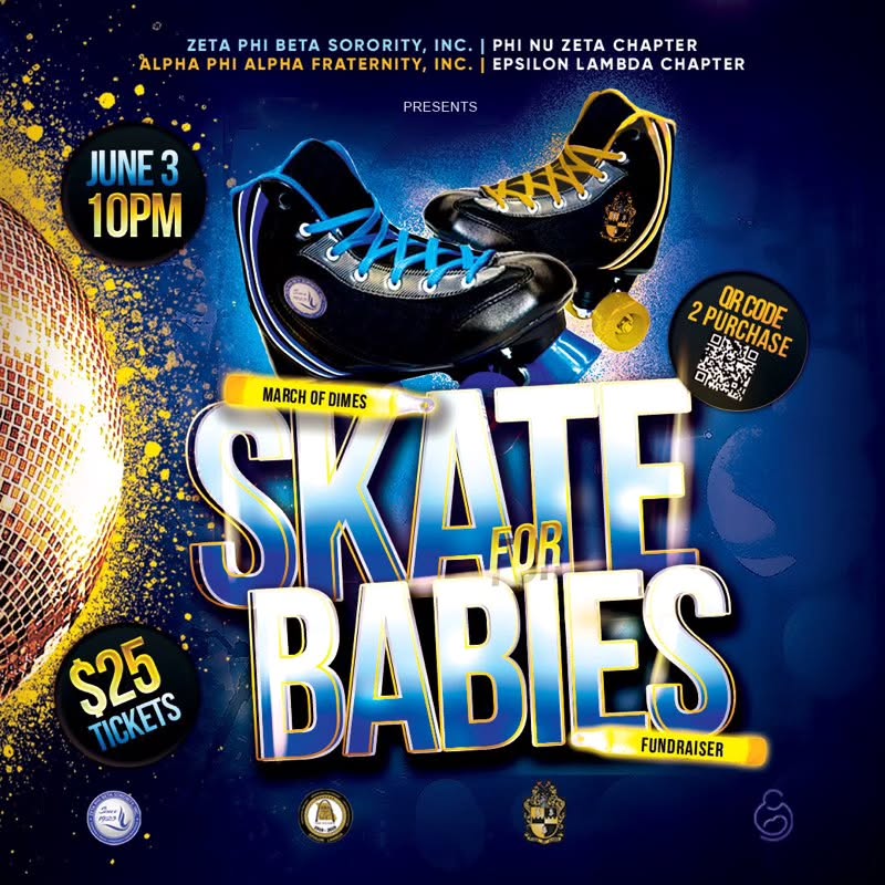 🗣️We are one week away from the hottest skate party with a purpose to kick the summer off!
🛼
Join us for Skate for Babies on June 3, 2023 at Coachlite Skate Center from 10p-1a! Presented by Zeta Phi Beta Sorority, Inc., Phi Nu Zeta Chapter and Alpha Phi Alpha Fraternity, Inc., Epsilon Lambda Chapter. Tickets are available at givebutter.com/skateforbabies!!! Click link in bio!
✨
Help us us raise funds for the upcoming March of Dimes Walk and like and share this post!
🕊️
For more information follow @zphib_phinuzeta and @epsilonlambda1919
🐵
#SkateforBabies #MarchofDimes #ZetaPhiBeta #AlphaPhiAlpha #STLSkate #Coachlite #SkateKing #SkateCity #Skatium #SmoothRollers #Ballroom #JB