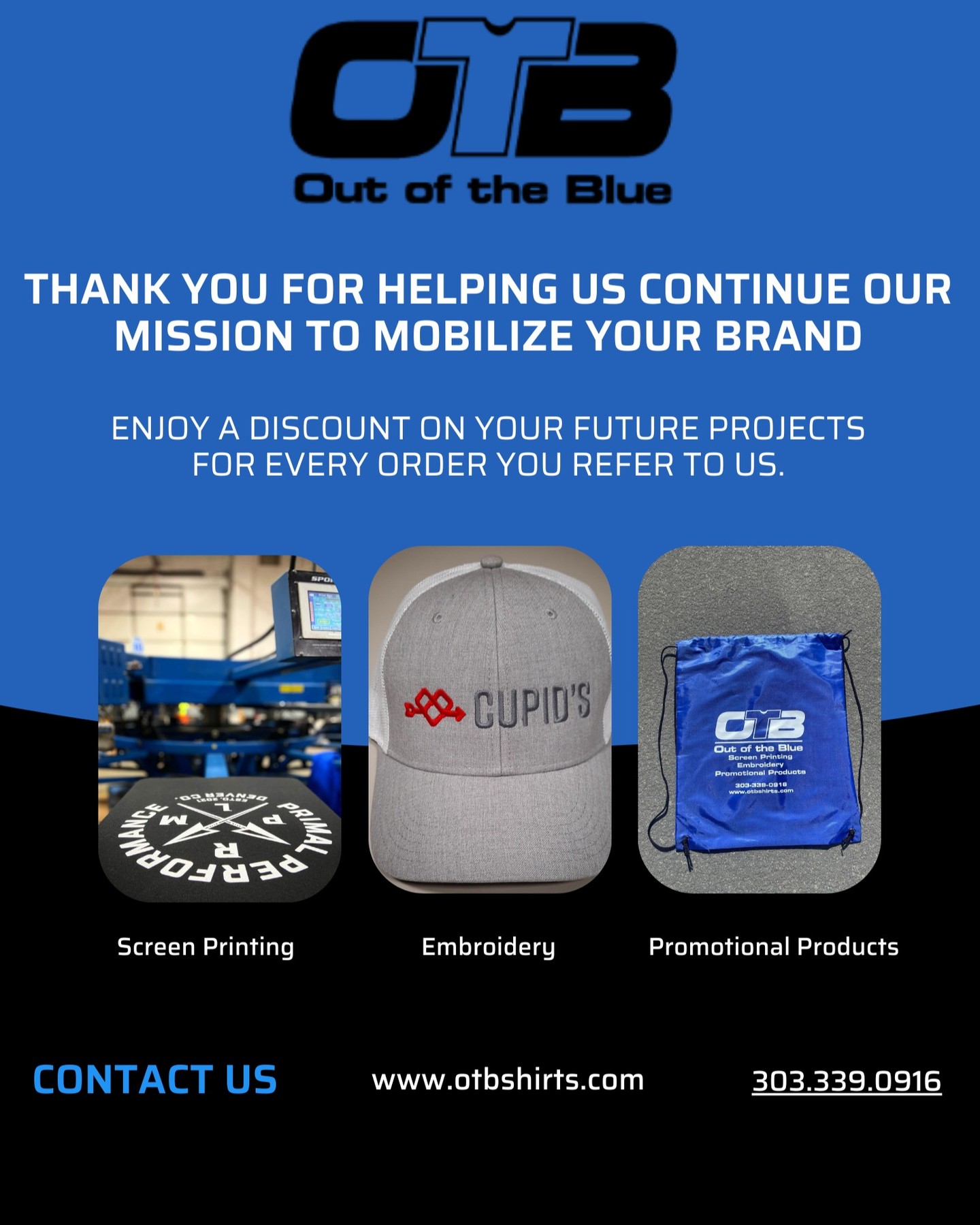 We couldn't do it without you! Our team would like to extend our thanks to our loyal and amazing customers! Enjoy a discount on your future projects for every order you refer to us.
#outofthebluescreenprinting #referral #screenprinting #embroidery #embroiderersofinstagram #promotionalproducts