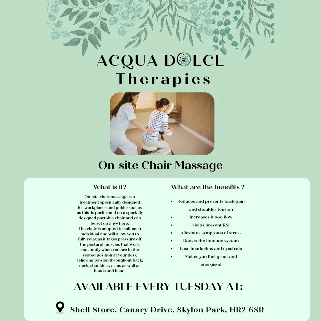 Hello everybody!
Just want to share with you some exciting updates:
โญStarting November 21st, I'll be offering on-site chair massage sessions every Tuesday at the @shellstoreheref in Hereford โญ
๐ช On-Site Chair Massage:
Ease the tension of long workdays spent in front of a laptop.
Perfect for those who spend hours seated, the massage is performed on a specific ergonomic chair with different techniques used, including stretching and breathwork, fostering a heightened awareness of your body.
๐ Benefits of On-Site Chair Massage:
1. Stress Reduction: relieve the day's pressures and promote relaxation.
2. Improved Productivity: a revitalized mind and body can contribute to increased focus.
3. Muscle Tension Relief: targeted massage addresses common areas of tension from extended periods of sitting.
4. Body Awareness: enhance your connection with your body through specialized techniques.
๐ Consultation Form:
To ensure a personalized experience, a brief consultation form will be completed before the massage.
๐๏ธ Availability:
Every Tuesday, starting November 21st
Take a break and treat yourself to a moment of tranquility amidst your busy schedule.
To book your space or if you want more info just follow the link in my BIO
Don't forget I'll be still offering my usual massage treatments at the Hereford Centre for Natural Health too.
Follow the same link to book for a Full body massage !
Hope to see you soon ๐๐ฟ
#ChairMassage #acquadolce #acquadolcemassage #massagetherapy #herefordshire #acquadolcetherapy #acquadolcehereford #HerefordRelaxation