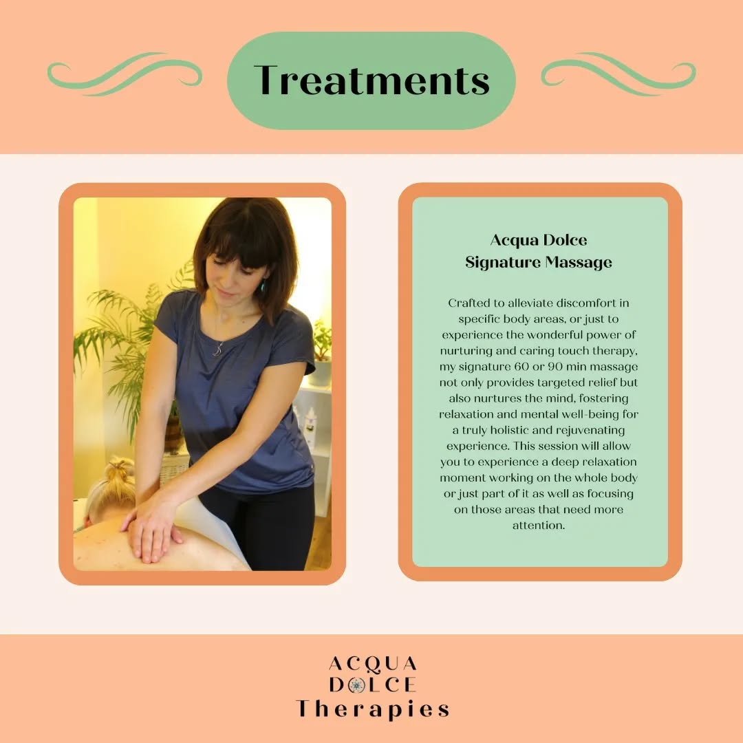 โณ Treatments โณ
Happy Monday everybody!
Hope you had a lovely and relaxing weekend ๐
I just thought I leave you here the list of holistic massage treatments I offer at the moment:
๐ฟ Acqua Dolce Signature Massage
๐ฟUpper Body Harmony Escape
๐ฟ Prenatal Massage
๐ฟOn-site Chair Massage
All of them are crafted to alleviate the most common discomfort we experience in our bodies (back and shoulders especially) due to stress, overwhelming feelings, worrings, busy lifestyles.
Who needs a massage to kick-start the new week??
Bookings via the link in bio
Looking forward to see you ๐
Martina xxx
.
.
.
.
#acquadolcemassage #acquadolcemassagehereford #acquadolcehereford #acquadolcetherapies #hereford #herefordshire #herefordthingstodo #herefordholistic #herefordholisticmassage #holisticway #holisticapproach #holisticmassage #holisticmassagetherapist #holisticmassage #holisticmassagehereford