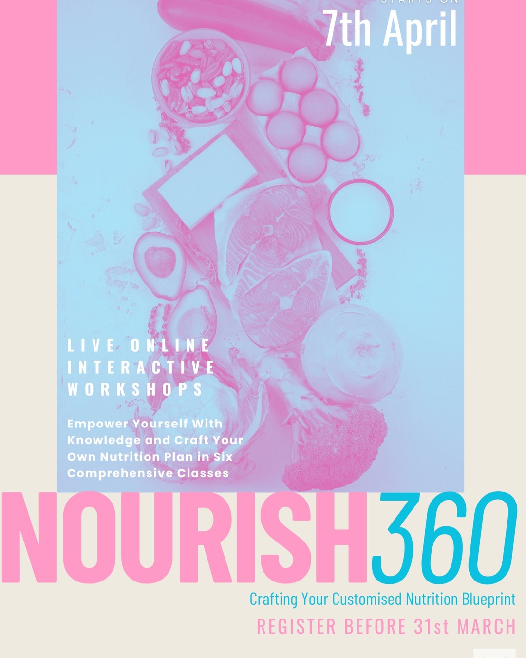 #NOURISH360 Folks, I am thrilled to announce the launch of NOURISH360, my first interactive series of live workshops (online) designed to empower YOU to take charge of your nutrition and health journey like never before!
Imagine crafting your own nutrition plan, tailored precisely to your goals and lifestyle. Envision yourself equipped with the tools and strategies to design a food chart that fuels your body, mind, and spirit for sustained vitality. With NOURISH360, these dreams are within reach.
But here's the catch: seats are LIMITED, and registration closes on March 31st. Don't let this opportunity slip through your fingers! For more details on the class schedule, content of the workshops and course curriculum, scroll through the pages below.
Ready to make a change? Secure your spot now. Payment can be made through Google-Pay or RazorPay. You can pay for the whole course or per class.
Full course (6 classes, 12 hours in total) = Rs. 6000
Single class (2 hours in total) = Rs. 1200
