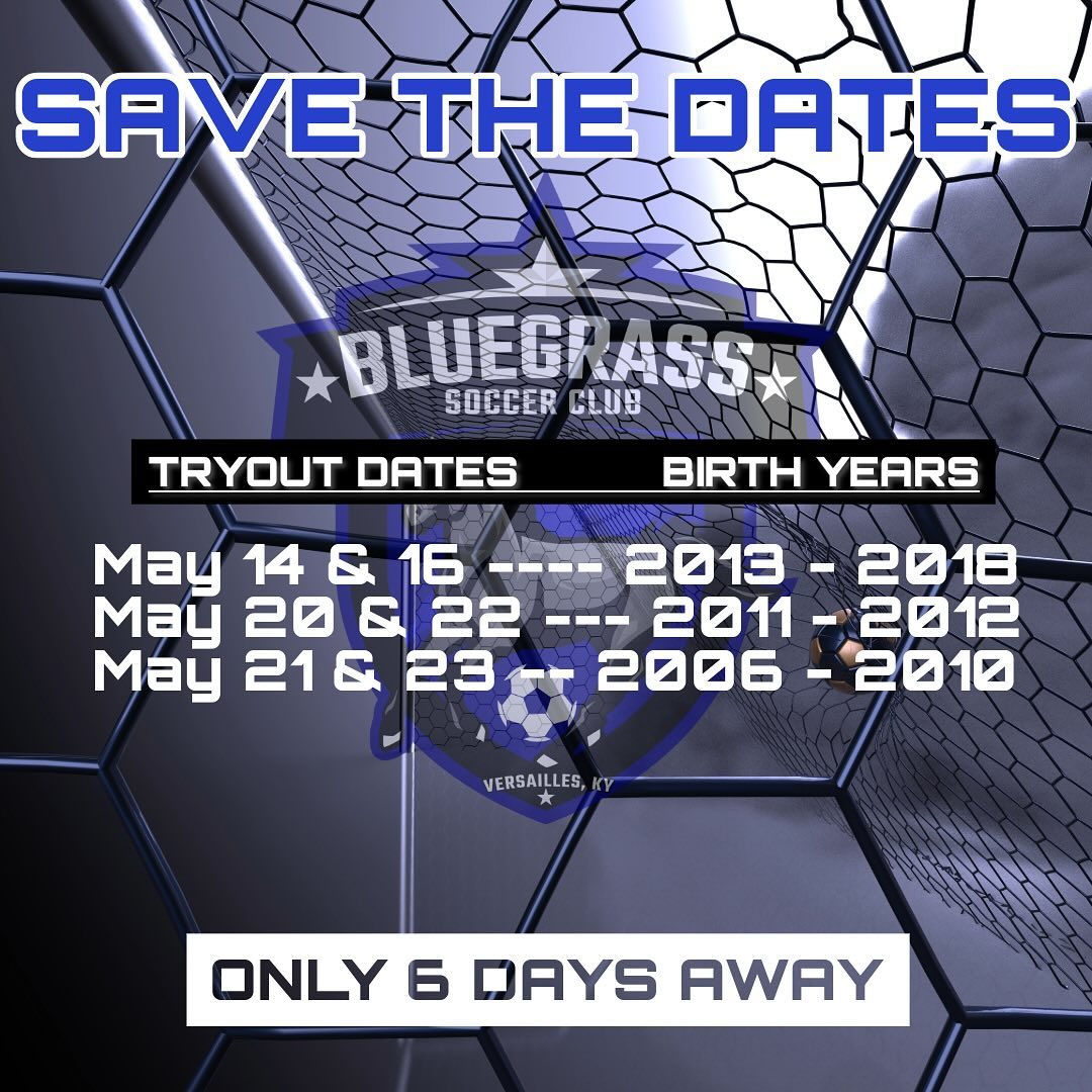 See ? you soon!
?️Tryout dates listed below
?️Tell your friends
?WYSA Soccer Complex
⏰5:30 registration (6:30 start)
?️pre-register @ bluegrasssc.org
#BluegrassIsBack