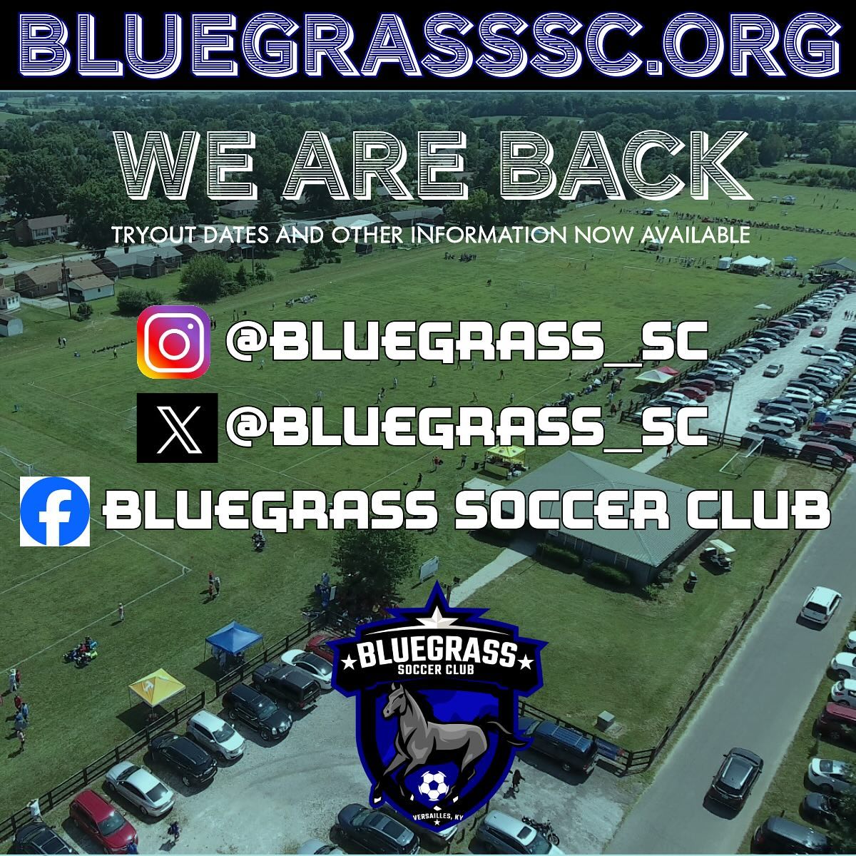 We are back!!!
?️ Tryout dates are posted
?️ Tell your friends
?WYSA Soccer Complex
? www.bluegrasssc.org
? follows us at the links listed!
#BluegrassIsBack