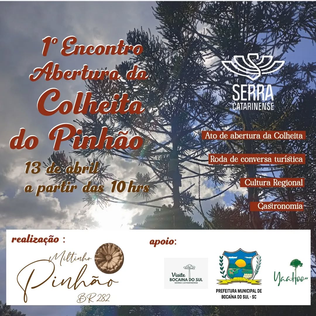 Venha para o Primeiro Encontro de Abertura da Colheita do Pinhão em Bocaína do Sul que vai acontecer no dia 13 de abril, num sábado á partir das 10 horas da manhã.
Vem comer um pinhão fresco na sapecada de pinhão comunitária que faremos, conversar com outras famílias agricultoras, conhecer sobre a cultura do pinhão na serra catarinense.
Terá uma chef que vai estar por lá cozinhando com o Miltinho da @pinhao_bocaina_br282
@visitebocainadosul
@pinhao_bocaina_br282
@yaahooalegriaplena
@prefbocainadosul
#visiteaserrasc #visitebocainadosul #serracatarinense #bocainadosulsc #prefeituradebocaina #pinhao #pinhaocozido #pinhaoassado #sapecadadepinhão