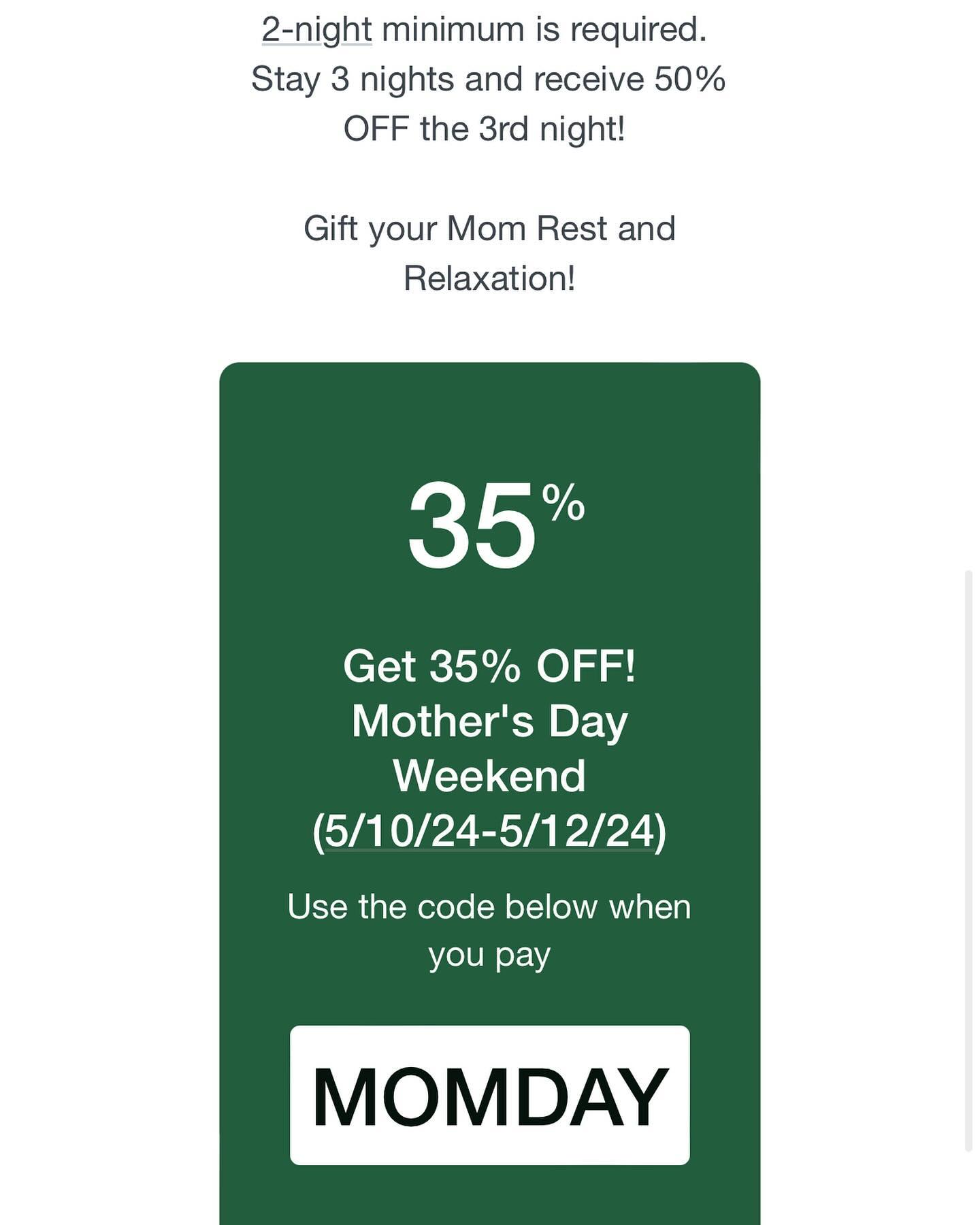 Treat your Mom to a weekend getaway in Old Forge! Stay at Village Cottages and receive 35% OFF nightly rates! 2-night minimum is required. Stay 3 nights and get 50% OFF the third night! Gift your Mom Rest and Relaxation! Email: info@villagecottages.com #mothersday #getaway #weekend #villagecottages #booknow #staywithus #linkinbio👆 #oldforgeny #adirondacks #mom