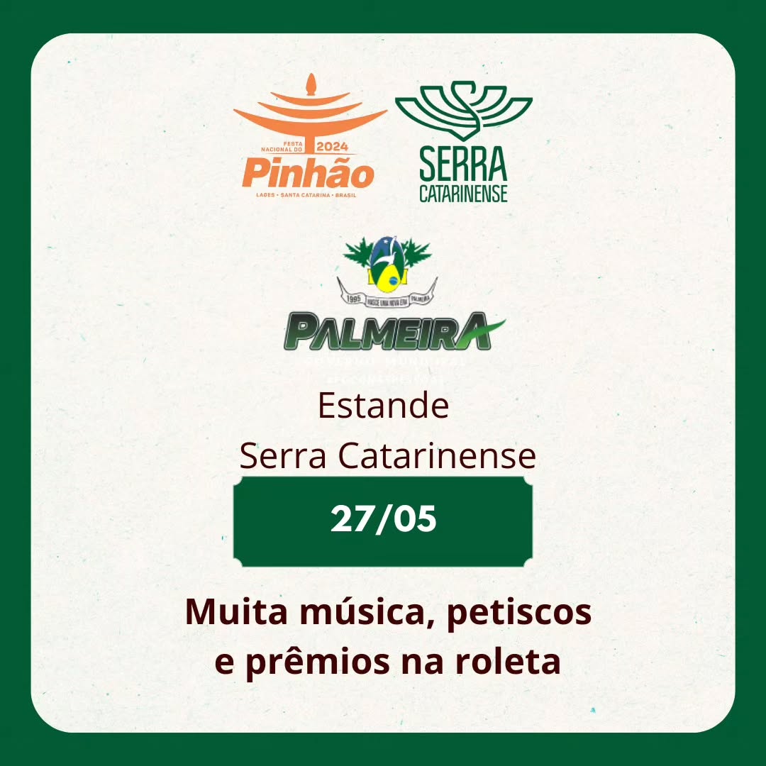 ?️ Hoje o estande Serra Catarinense estará recebendo o município de Palmeira
?Com muita música, petiscos e prêmios na roleta.
?Estamos te esperando.
?Estamos localizados no Shopinhão
@palmeirascoficial
#SerraCatarinense
#turismo