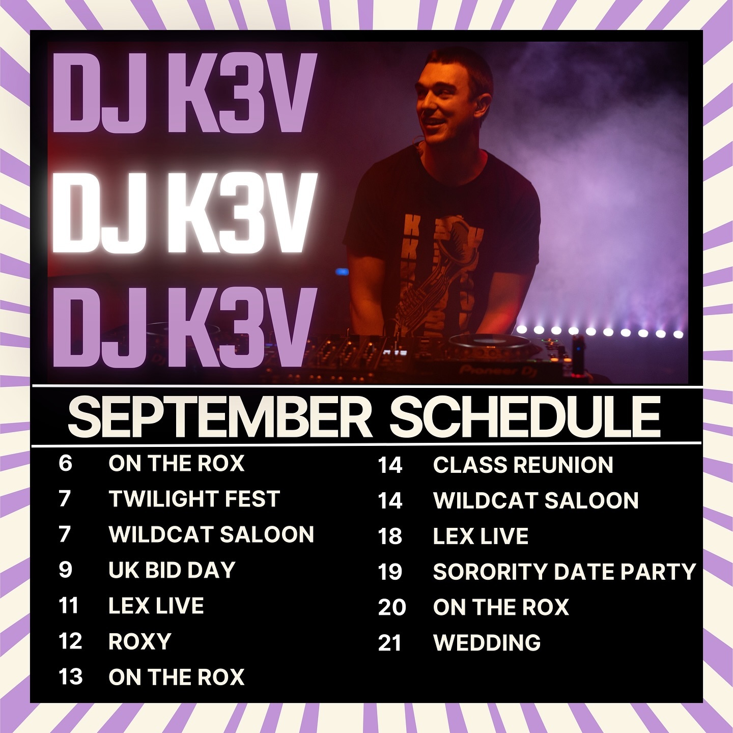 ✨ September is here!!
I’m so excited to dive into another month of DJing around Lexington! Here’s some highlights:
-Recording a HYPE video at @wildcatsaloon Sept 14 🎥
-DJing another UK Bid Day for @uk_kappa
-Taking a week off to head down to @wakaanfest in Arkansas! 👽
The party NEVER stops with DJ K3V 🎶