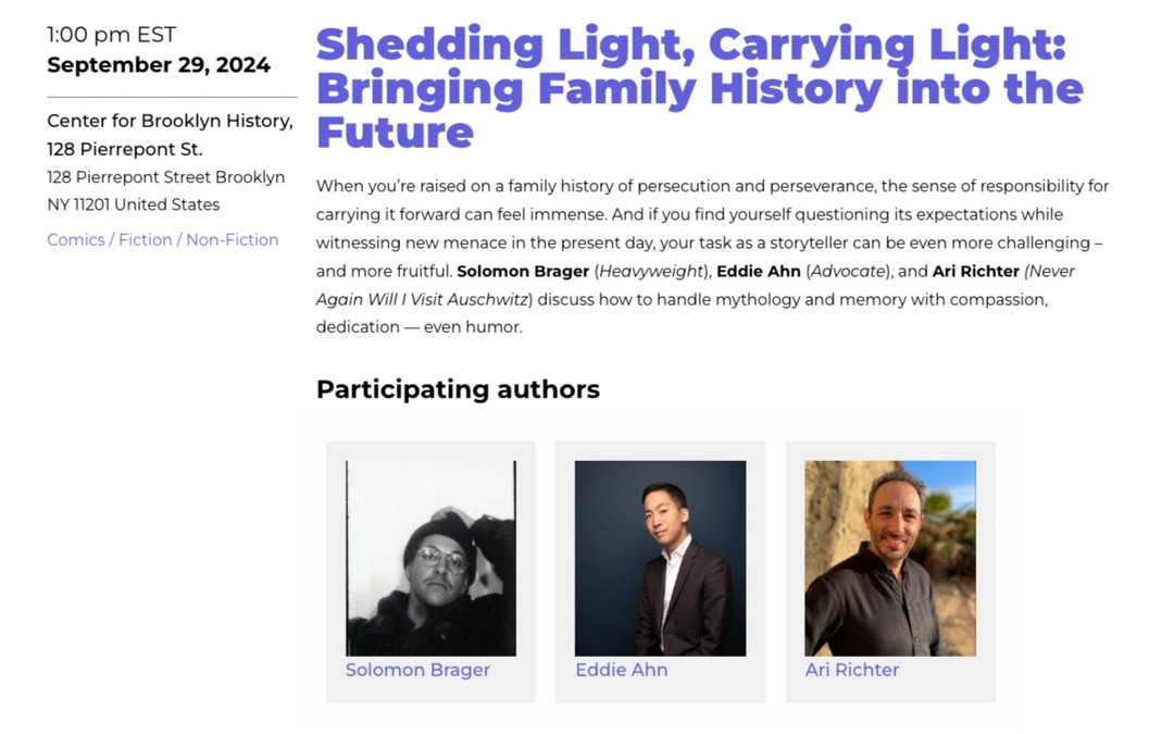 So excited to be on the @bkbookfest panel — Shedding Light, Carrying Light: Bringing Family History into the Future — with the incredible @jbbrager and @ehacomics!
Sunday, September 29 at 1pm at the Center for Brooklyn History, 128 Pierrepont St.
Free and open to the public! Link in bio
#brooklynbookfestival