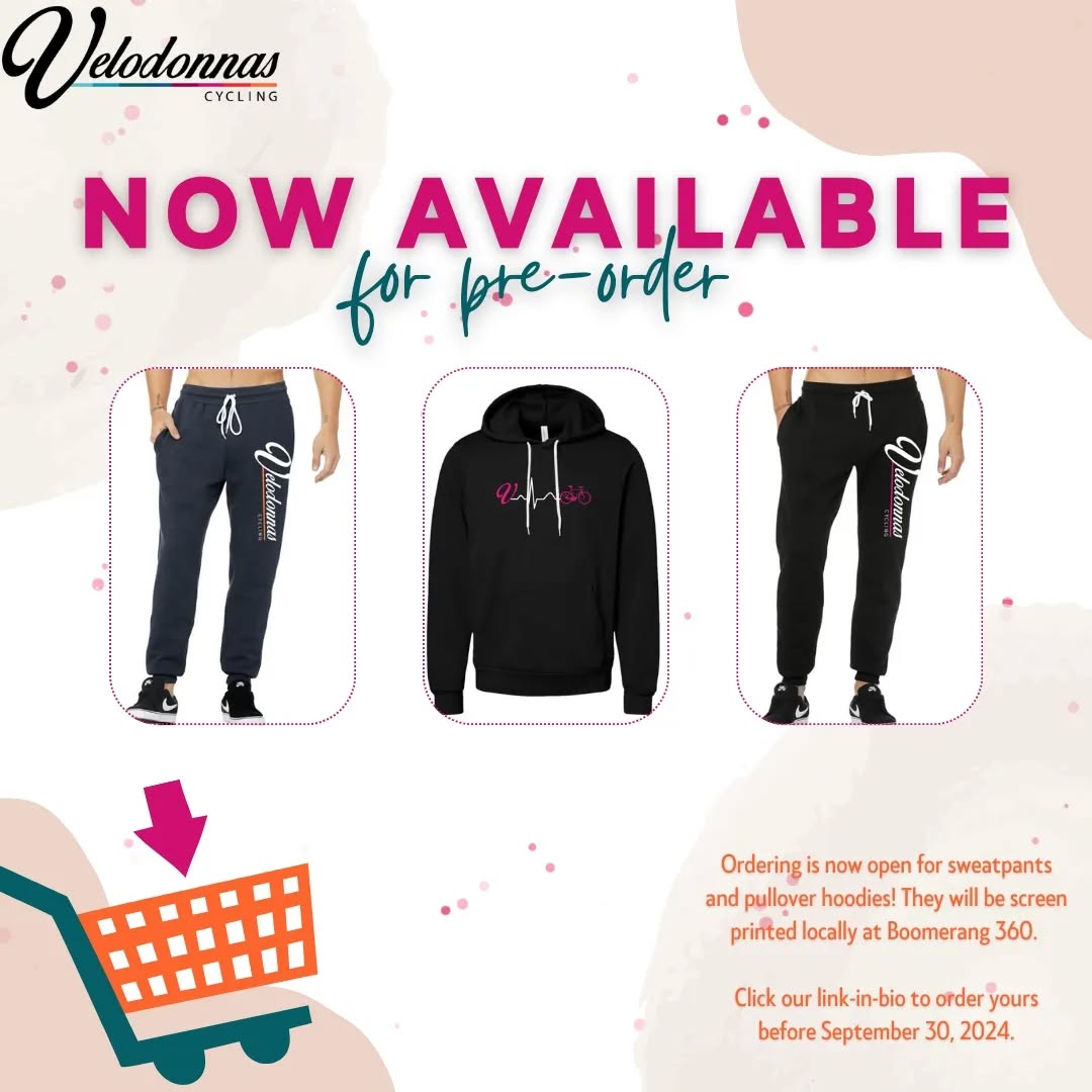 👚🎉 Order your Velodonnas custom club merch by SEPT 30!!
Ordering is now open for Bella + Canvas sweatpants and pullover hoodies. They will be screen printed locally by Kylie @boomerang_360. These items are limited edition offerings and Velodonnas will not be keeping any overstock.
To see all item descriptions, size charts, and place an order, click our link-in-bio!
https://forms.gle/S7ZUymQBC1t3YuN76