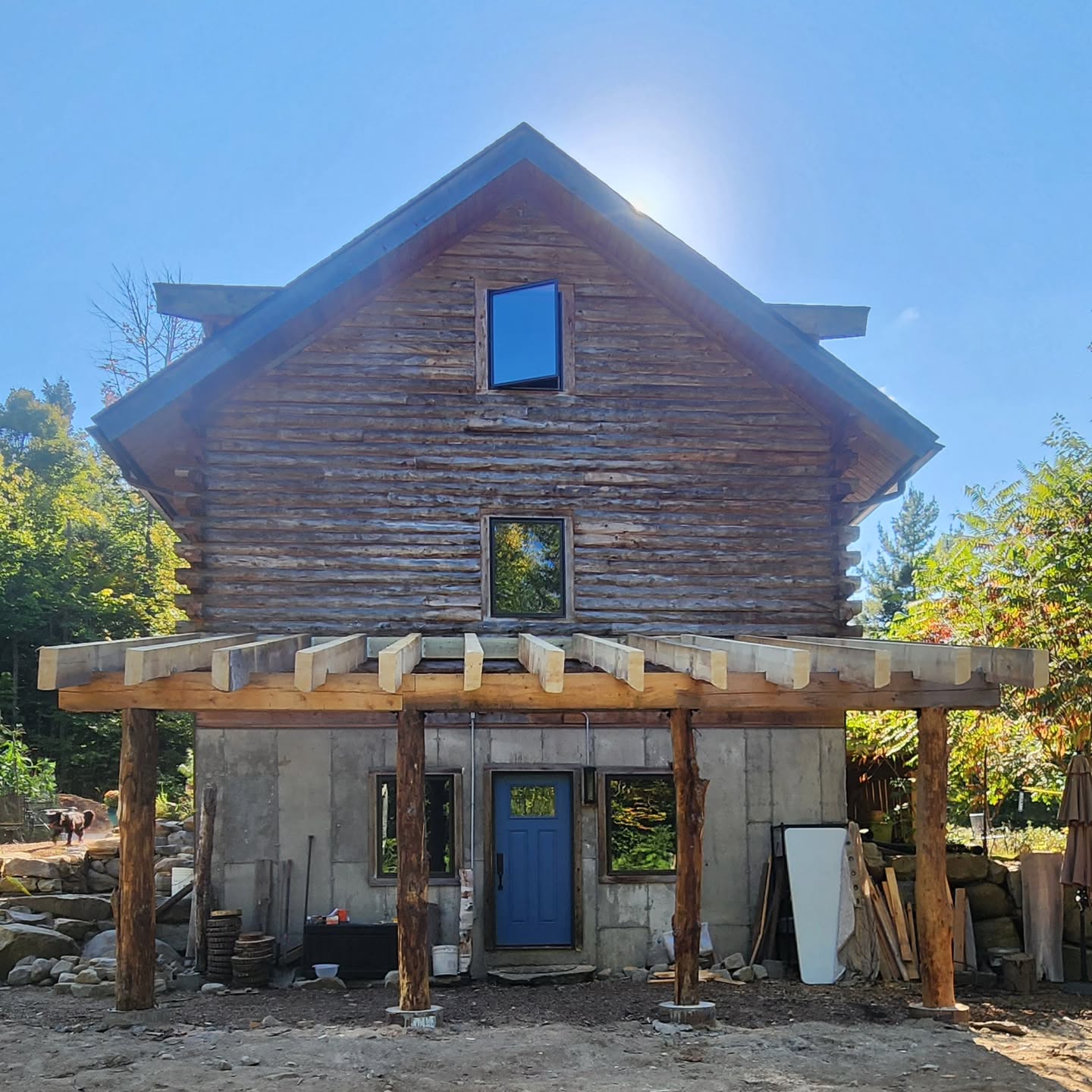 Huge progress on a massive post and beam awning on the side of a log home in Hadley. The posts are seasoned, full trees, the beam is rough sawn 8x12s and the rafters are 14 foot rough sawn 5x12s with live edges on the bottom. We will be heading back in October to help get this project completed. More to come.