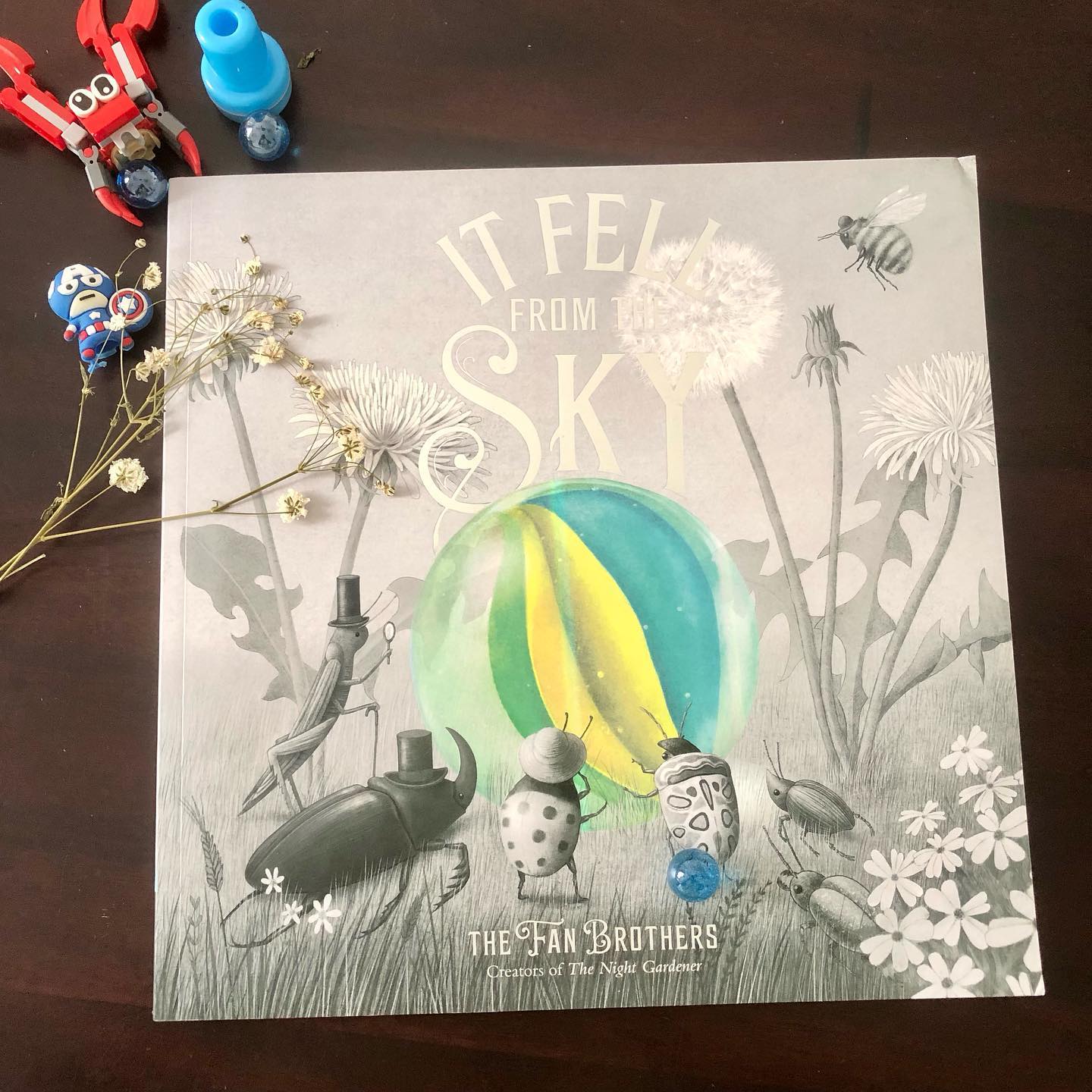 It Fell from the Sky
By Terry Fan & Eric Fan
Illustrated by Terry Fan & Eric Fan
Have you ever read a book that feels like a slow, enchanting theater unfolding before your eyes? Every page of It Fell from the Sky is a world of wonder, brimming with magic and whimsy. The animals, donned in their charming hats, add to the delightful spectacle of this beautifully crafted picture book.
One day, a mysterious object falls from the sky. No one knows what it is or where it came from, but it mesmerizes everyone.
Creatures big and small gather, gazing in awe, speculating about its origins. But then, a clever spider claims the strange thing as his own, insisting that since it landed in his web, it belongs to him.
Unable to refute his logic, the others agree. In celebration of his newfound treasure, the spider builds a grand “wonderville”—a dazzling exhibit for all to admire. Animals line up, eager to see this marvel, and as interest grows, the spider starts charging for entry, raising the price higher and higher. Soon, the lines shrink, the excitement fades, and eventually, no one comes at all. The wonder has lost its magic, replaced by long waits, high prices, and brief glimpses.
When a five-legged creature takes away his prized possession, the spider is left devastated, alone, and friendless. But in this moment of loss, a profound realization strikes him. Will he choose to make things right?
We adored the whimsical spirit and theatrical quality of this tale. The monochromatic illustrations, punctuated by a single splash of color from the fallen object, are both stunning and magical. The animals, with their dapper top hats, and the lush gardens filled with flowers and dandelions, make every page a feast for the eyes. The spider’s clever scheming and his eventual reckoning add depth to this enchanting story.
A truly magical book, perfect for children aged 4 and up.