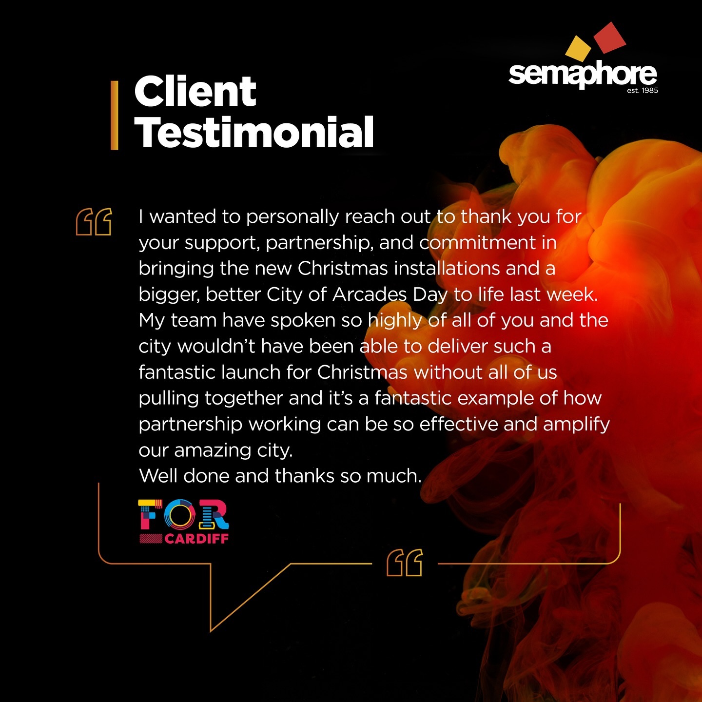 At Semaphore, we consistently receive outstanding client feedback (who doesn’t love great feedback, right?). 🌟
Our clients appreciate our reliable and effective services, which greatly enhance their efficiency and promote their brands exactly how they wish.
Diolch @forcardiff
#design #create #install
#wearesemaphore