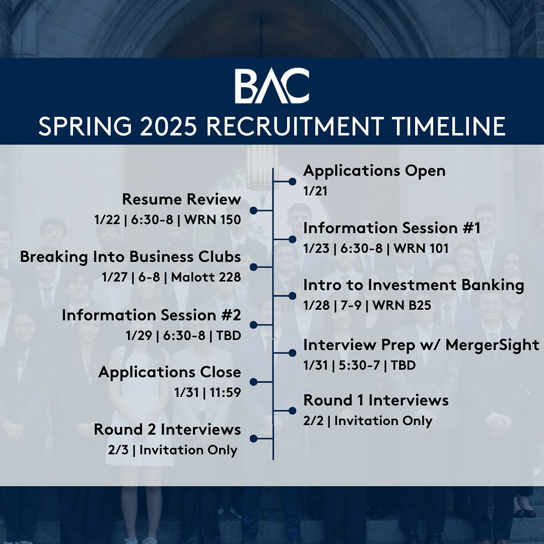 BAC is excited to announce our recruitment timeline for the Spring 2025 semester! We are looking forward to meeting everyone at these events to learn more about BAC. Please continue to check our Instagram for updates!