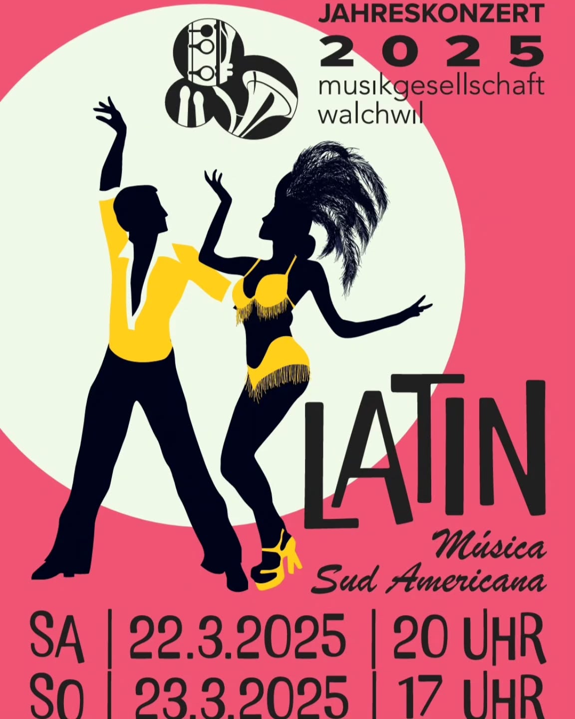 Dieses Jahr entführen wir Sie auf eine musikalische Reise nach Südamerika - voller Rhytmus🪘🪇, Leidenschaft🔥 und Lebensfreude🎉. Unter dem Motto «Latin - Musica Sud Americana» erwartet Sie ein vielfältiges Programm, das von mitreissenden Tänzen💃🏻 bis zu gefühlvollen Melodien💕 reicht.
🗓️ 22./23. März 2025
🕗 20:00 Uhr / 17:00 Uhr
📍Gemeindesaal Walchwil
Viva La Musica!🎶