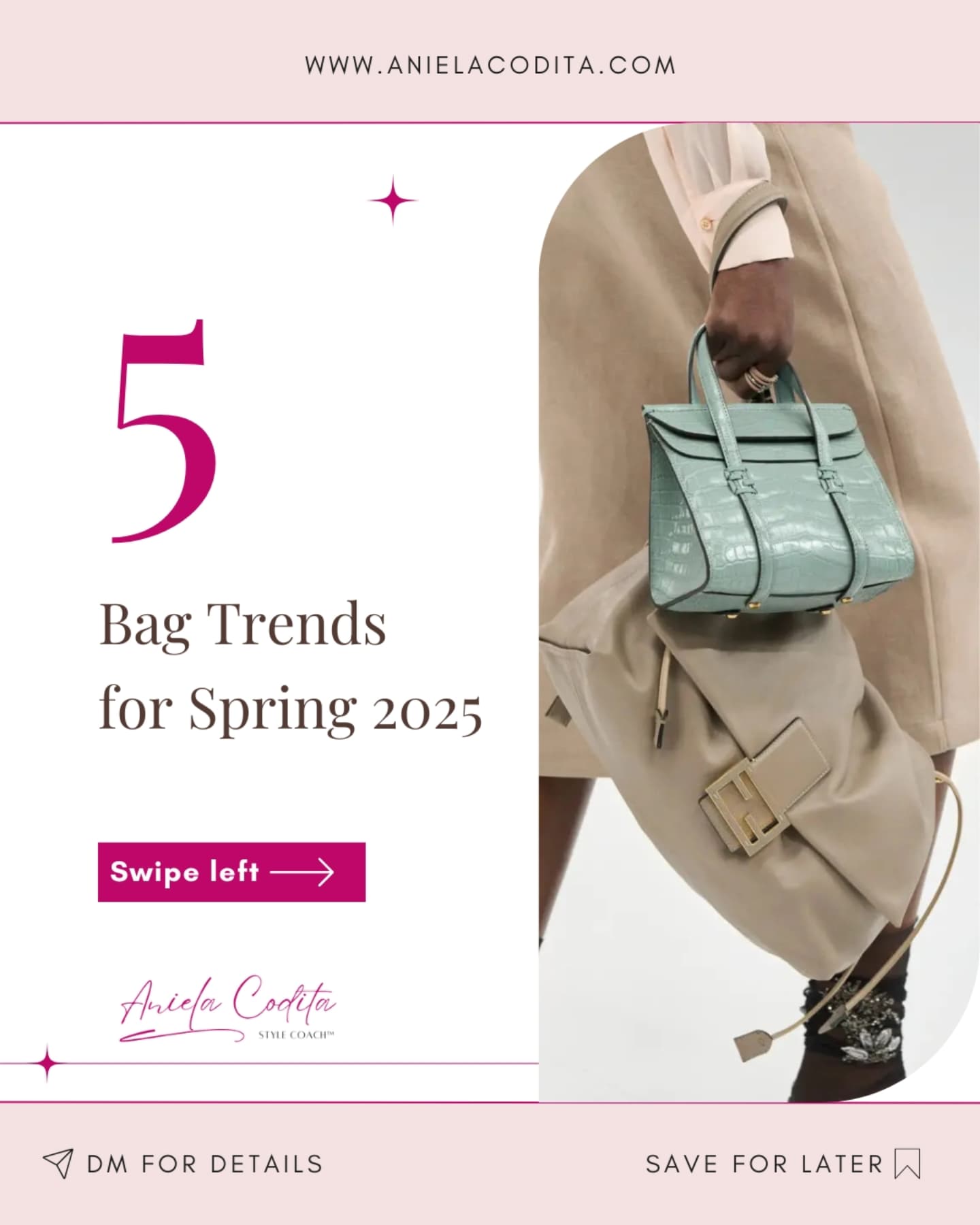 ❓️If you could have only one of these, which would you choose? 5 #bagtrends for #spring2025 🩷✨️
👜 Want to know which one is the most flattering for your silhouette? Let's connect!
#springfashion #fashionaccesories #snakeprint #leteckel #moschinobag #bottegavenetta #furlabag #furlaclutch #raffiabags #springcolours #boldaccessories #stylecoachingforwomen