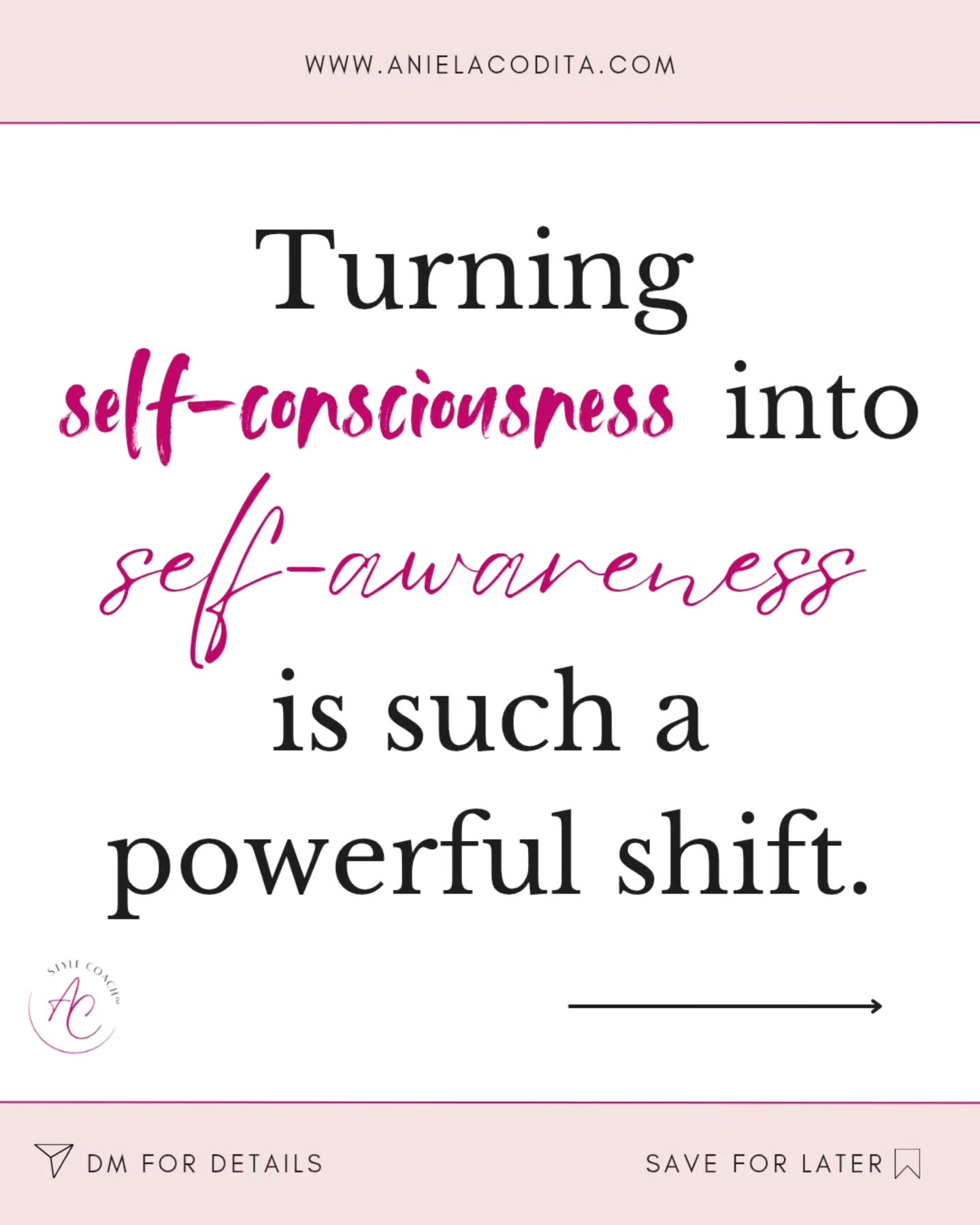 Turning self-consciousness into self-awareness is such a powerful shift. Let's make it happen! 🩷✨️
#selfawarenessjourney #selfawarenesscoach #transformationjourney #selfawarenessispower #consapevolezzadisè #conștientizaredesine