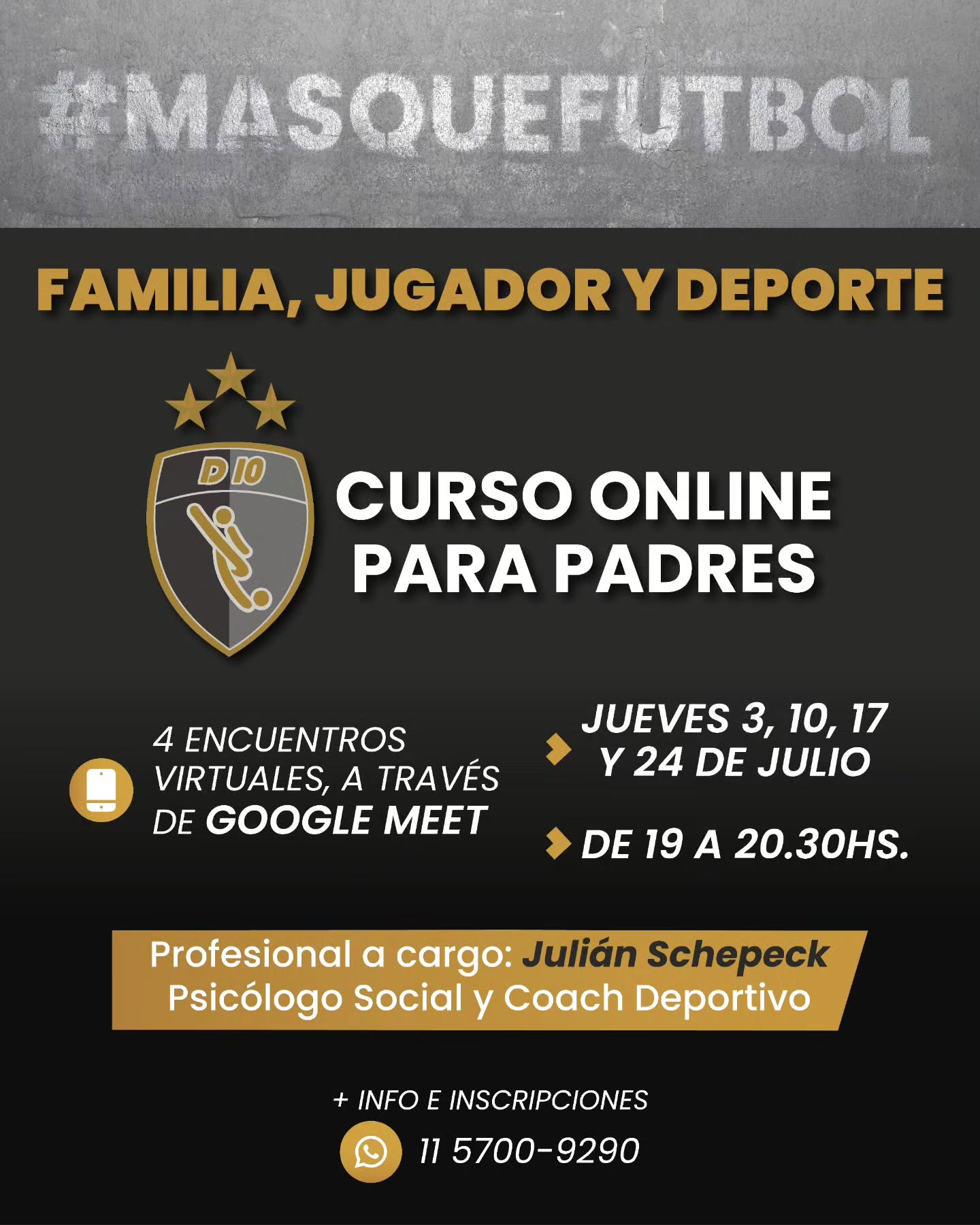 ?⚽ Acompañar el camino deportivo de nuestros hijos/as puede ser un desafío… ¿Estaré exigiendo mucho? ¿Ayudo o genero más presión? ¿Cómo puedo apoyarlo/a cuando pierde o se frustra?
? Porque detrás de cada jugador/a de D10, hay una FAMILIA que también juega un rol clave, lanzamos junto a Julián Schepek, psicólogo social y coach deportivo, este Curso Online gratuito: pensado para aquellos padres que quieren acompañar de forma saludable, consciente y efectiva.
¿Qué vamos a trabajar?
✔Cómo influye el rol familiar en la vida deportiva
✔Herramientas para gestionar emociones y comunicarte mejor
✔Cómo transmitir valores: resiliencia, el respeto y el trabajo en equipo.
✔Cuáles son las claves para acompañar sin invadir, antes, durante y después de cada partido.
✨Cada encuentro incluye reflexiones, ejercicios prácticos y un espacio para pensar en familia.
⚽Modalidad Online, a través de Google Meet (solicitá el link de acceso)
⚽4 encuentros: juves 3, 10, 17 y 24/7
⚽ Inscripciones abiertas por Whatsapp al?11 5700-9290
D10 Football Club #MásQueFútbol ??