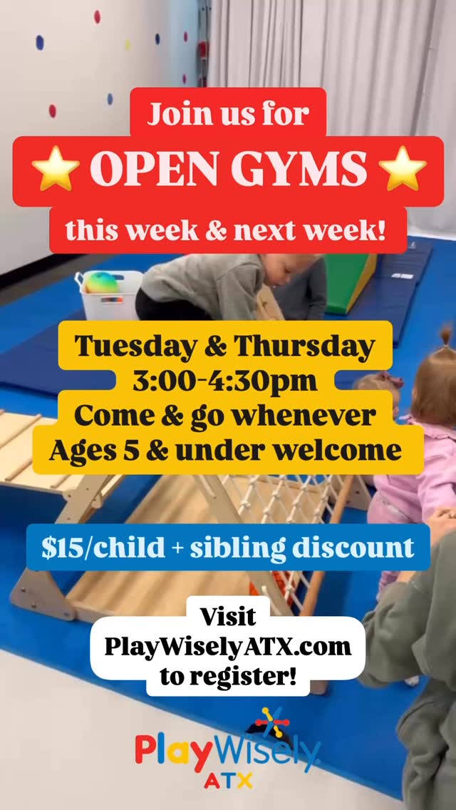 Join us for Open Gyms on Tuesdays and Thursdays from 3-4:30 at PlayWisely ATX! ❤️💙💛 Pre-registration required at PlayWiselyATX.com. Ages 4 months - 5 years welcome with an adult chaperone. Come and go as you’d like throughout the time slot. Sibling discounts automatically apply at checkout. (We’ll have Tuesday Open Gyms for only the next 2 weeks but will continue Thursday ones for the entire summer! And don’t forget to check out our play based learning + music classes starting in June - registering now!) #SBT #playwisely #toddler #mommyandme #opengym #austinwithkids #summer