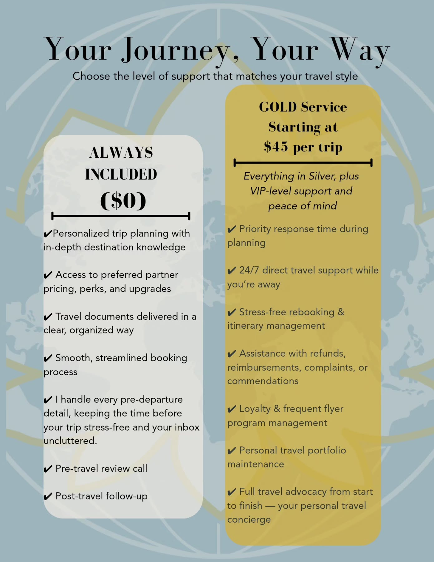 ✨ Your Journey, Your Way ✨
I’m excited to share my brand-new travel program designed to give you the right level of support for your style of travel.
Here’s the best part: every trip you book through me already includes personalized planning, preferred partner perks, organized travel documents, and a stress-free booking process — always at $0.
Now, with my new GOLD Service, you can enjoy VIP-level concierge support with priority response time, 24/7 travel assistance while you’re away, loyalty program management, personal travel portfolio maintenance, and full travel advocacy from start to finish.
This is just the beginning — later this fall, I’ll be launching a mobile app exclusively for Katie Andrews Travel clients to make your journeys even smoother. 🌍✨
Your new travel concierge hub: www.katieandrewstravel.com
#StressFreeTravel
#yourjourneyyourway
#travelmadesimple