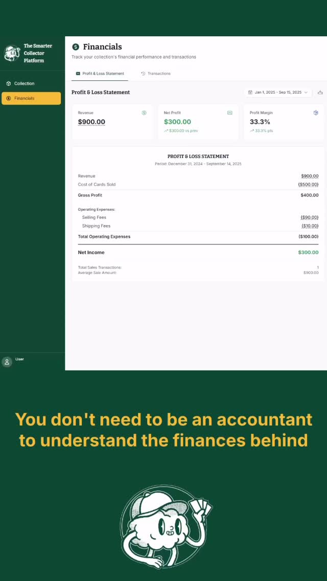 You don’t need to be an accountant to understand the numbers behind your collection.
Every time you buy, sell, or grade a card, The Smarter Collector automatically captures it. No extra steps, no juggling spreadsheets.
The result is a clear understanding of the cash flow, profit & loss, and the full financial story of your collection — without worrying about debits and credits.
Free to use starting September 19th. Join the waitlist at app.thesmartercollector.com
#thesmartercollector #sportscards #thehobby #collecting #whodoyoucollect #baseballcards #basketballcards #hockeycards #footballcards #topps #paniniamerica #rc #rookiecard #collectwithintention