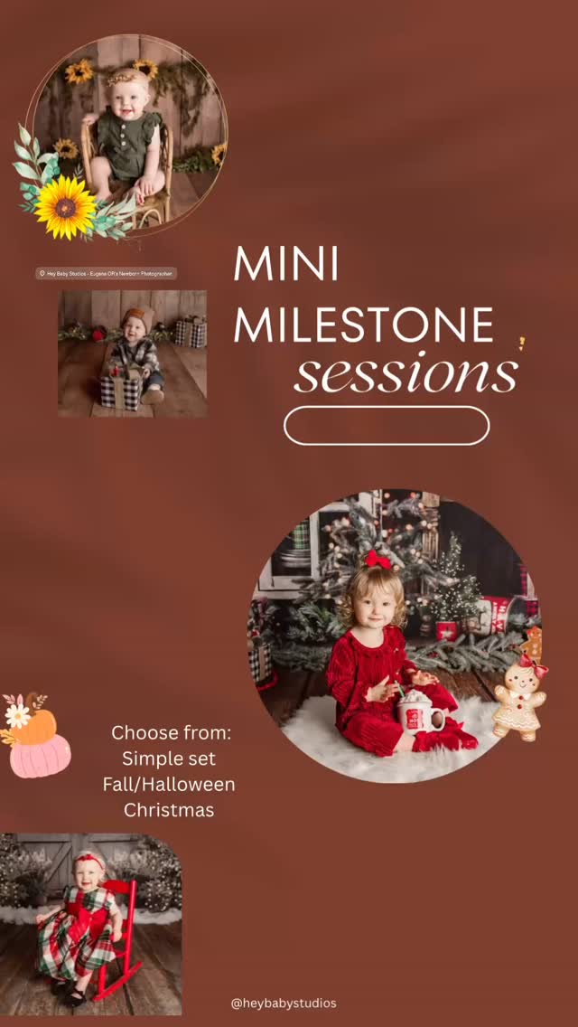 Very LIMITED!
Mini Milestone Sessions
Great for 6months- 2years
-one baby
-one set
-10 digital images
Choose from options of:
Simple set
Fall/Halloween ?
Christmas ?
Reach out today for availability
Heybabystudios@gmail.com
#babyphotos #newbornphotographer #oregonphotography #babyphotostudio #babyphotographer