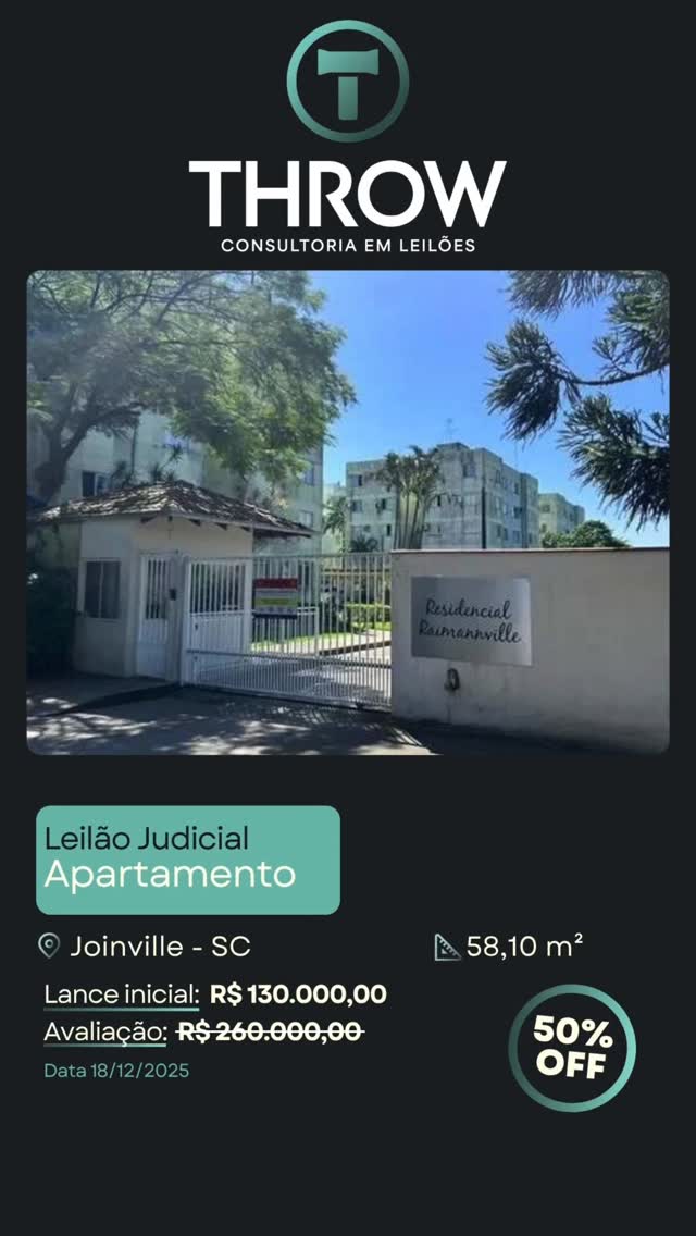 Um apartamento de 66 m² em Joinville entrando em leilão com a possibilidade de disputar por R$ 130 mil na segunda data é o tipo de oportunidade que costuma passar rápido pelos olhos dos investidores atentos.
Localizado no Conjunto Residencial Raimannville, no Itaum, o imóvel oferece boa metragem, facilidade de locação e um cenário ideal para quem busca entrada estratégica na região com baixo risco e alto potencial de valorização.
O ponto mais importante aqui é simples: imóvel judicial exige análise séria. Matrícula, ônus, ocupação, histórico do processo e viabilidade real da arrematação. Com a leitura correta, você evita surpresas e entra só quando faz sentido.
Se quiser saber se este lote combina com o seu perfil, fazemos a análise completa e mostramos o caminho com clareza.
🔗Fale conosco pelo direct ou clique no link da bio e veja como arrematar imóveis em leilão com segurança, rentabilidade e o suporte completo da Throw Leilões.
#ThrowLeilões #ImóvelEmLeilão #Joinville #InvestidorImobiliário #LeilãoDeImóveis #OportunidadeImobiliária #InvestimentoSeguro #SantaCatarina
